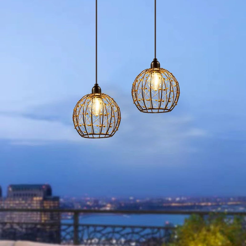 Hanging Pendant Lantern Lights, Battery Operated Outdoor Chandelier with G50 Warm White LED Bulb, Beaded Copper Wire Ball Shades, for Patio Tree Pergola Gazebo Porch-2Pack