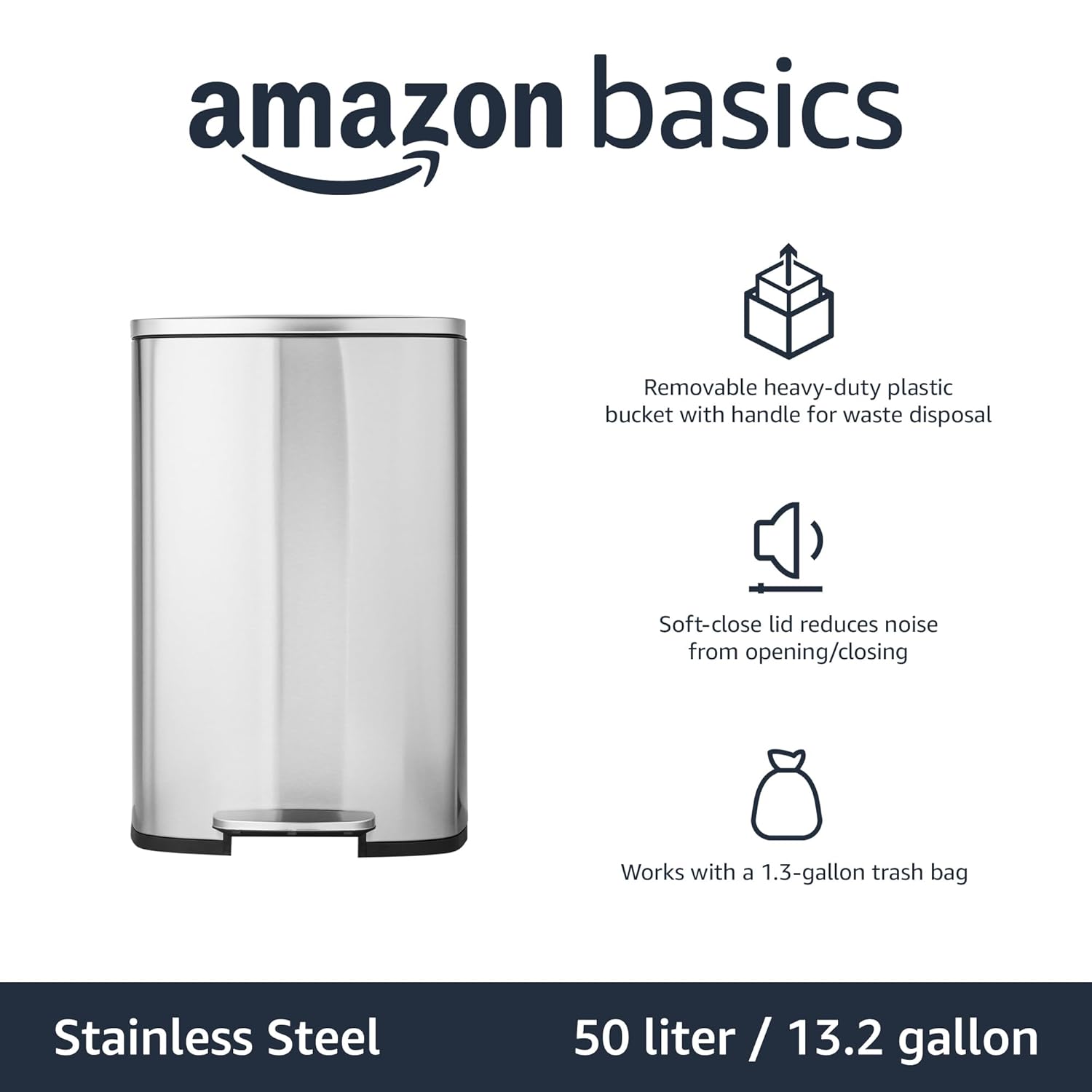 Amazon Basics Smudge Resistant Rectangular Trash Can With Soft-Close Foot Pedal, Brushed Stainless Steel, 50 Liter/13.2 Gallon, Satin Nickel Finish, 16.7"L x 14.7"W x 25.9"H