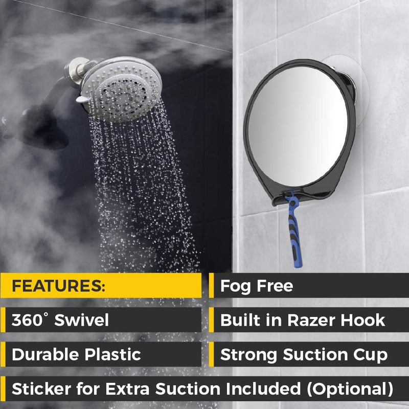 HONEYBULL Shower Mirror Fogless for Shaving - with Suction, Razor Holder for Shower & Swivel, Small Mirror, Shower Accessories, Bathroom Mirror, Bathroom Accessories, Holds Razors (Black)