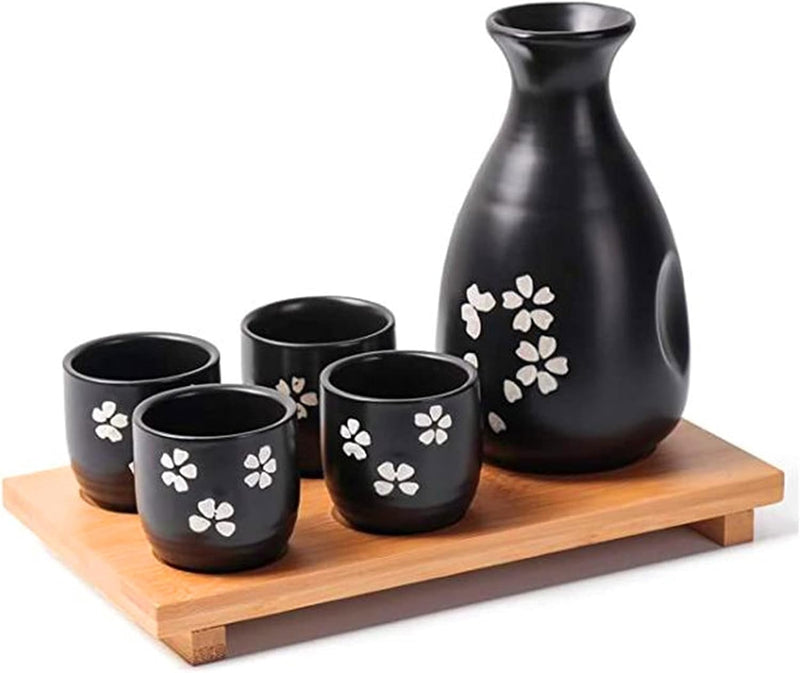 Japanese Sake Set Traditional Cherry Blossom 1 Bottle and 4 Cups with Bamboo Tray Sake Serving Set, Black