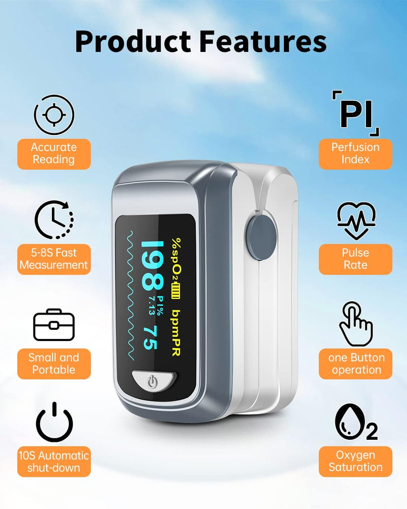 Fingertip Pulse Oximeter Blood Oxygen Saturation Monitor Pulse Ox, Heart Rate and Fast Spo2 Reading Oxygen Meter with OLED Screen Included Lanyard and 2 X AAA Batteries