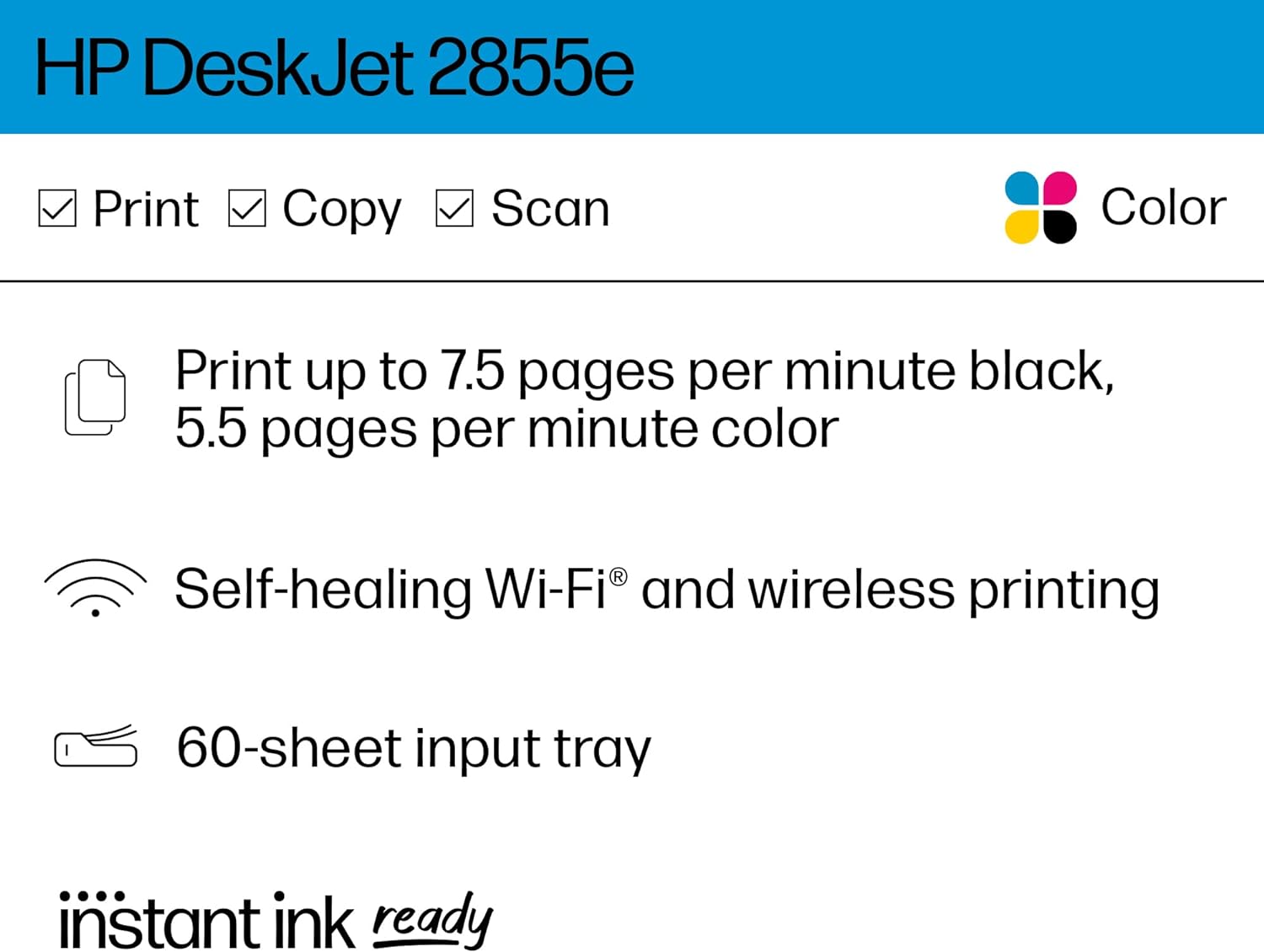 HP DeskJet 2855e Wireless All-in-One Color Inkjet Printer, Scanner, Copier, Best-for-home, 3 months of ink included (588S5A)