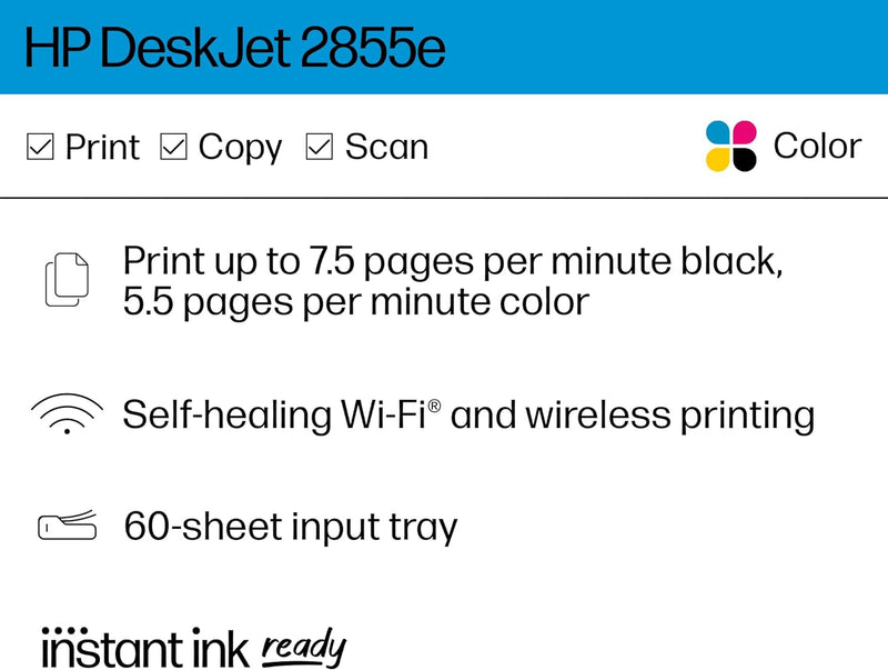 HP DeskJet 2855e Wireless All-in-One Color Inkjet Printer, Scanner, Copier, Best-for-home, 3 months of ink included (588S5A)