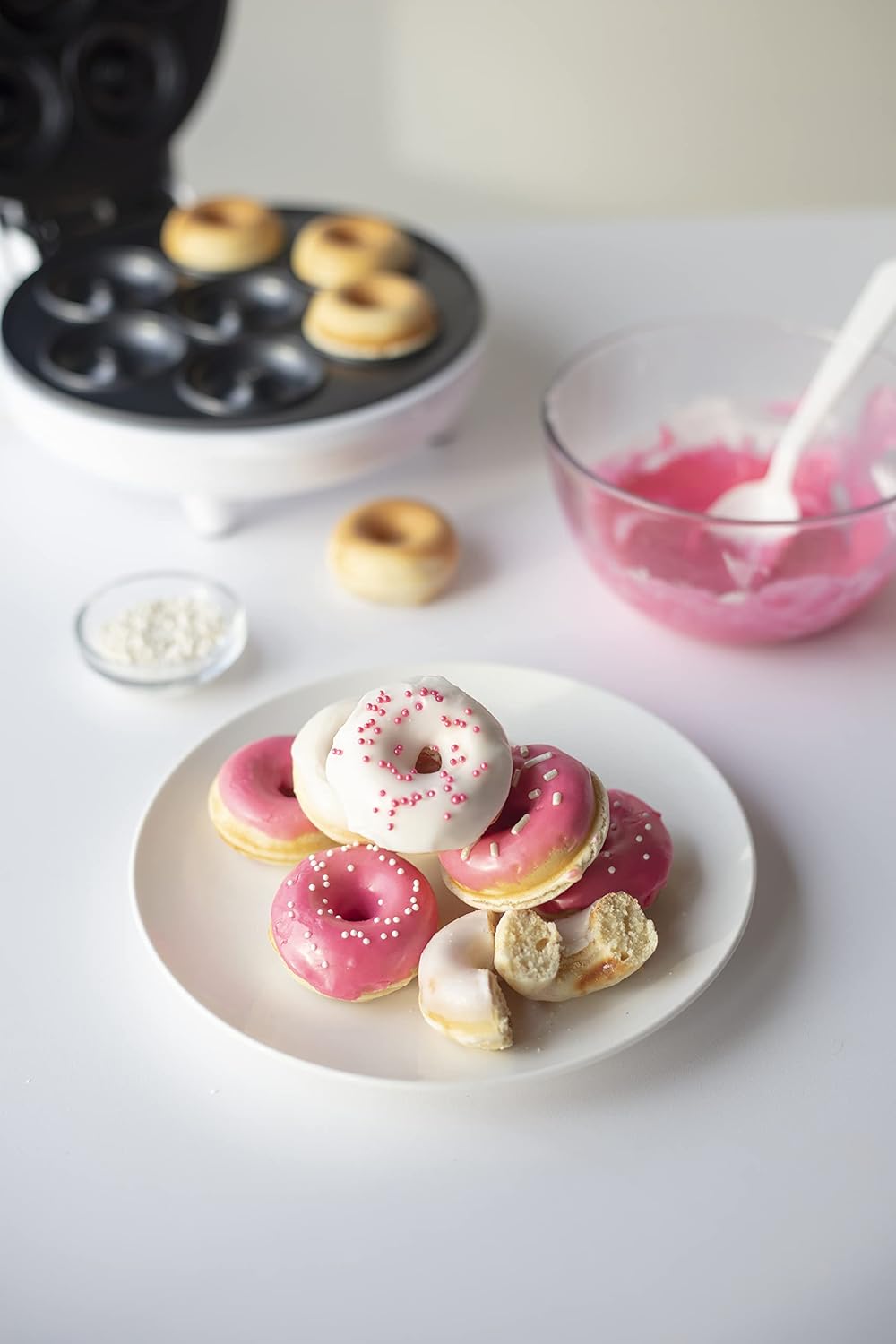 Mini Donut Maker - Electric Non-Stick Surface Makes 7 Small Doughnuts- Decorate, Frost or Ice Your Own for Kid Friendly Baked Dessert Treat- Unique Summer Baking Activity for Adults, or Gift for Her