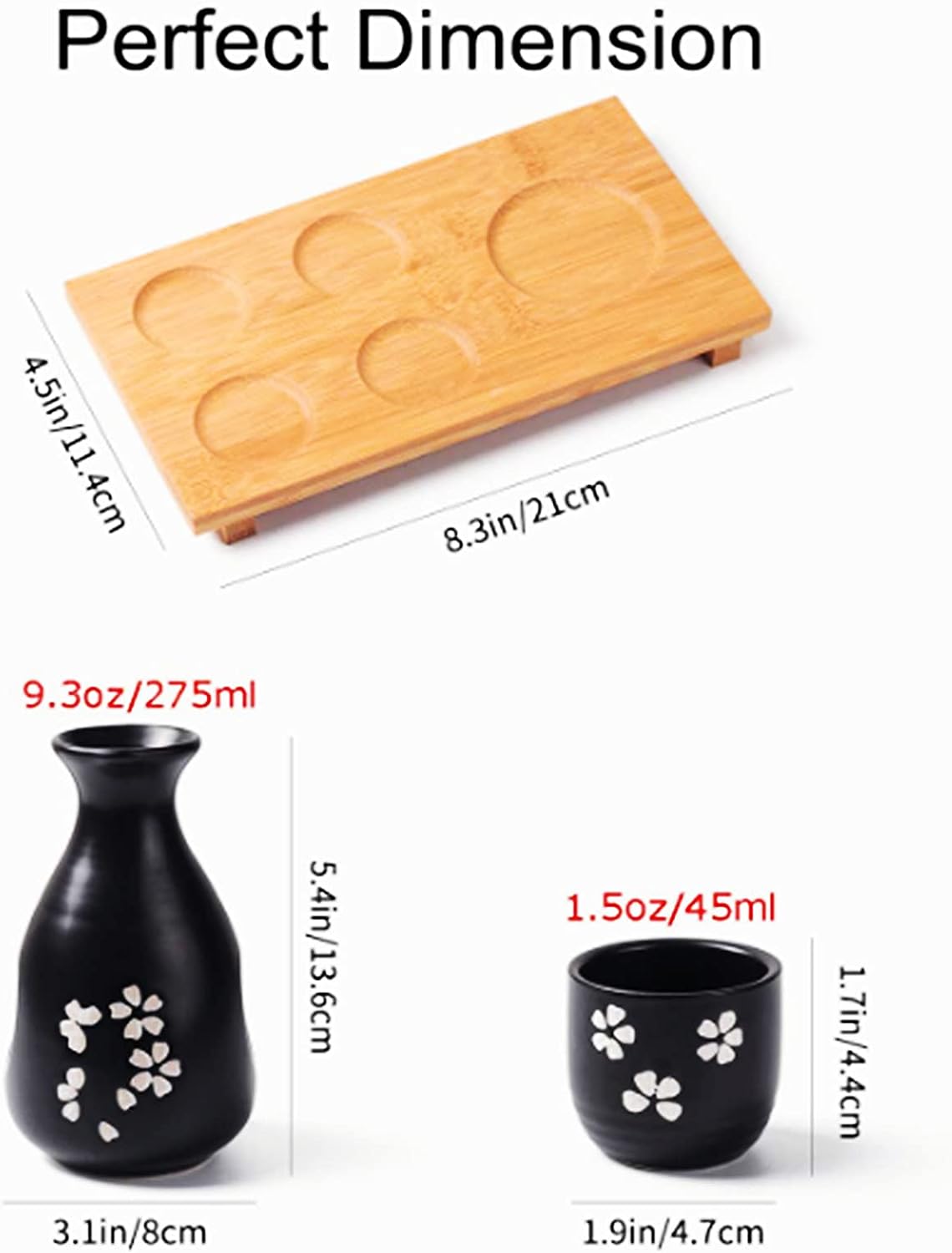 Japanese Sake Set Traditional Cherry Blossom 1 Bottle and 4 Cups with Bamboo Tray Sake Serving Set, Black