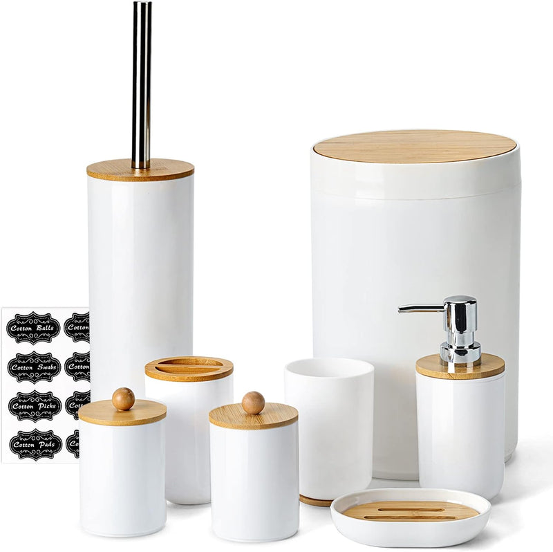 Fixwal Bamboo Bathroom Accessories, 8pcs Bathroom Accessory Set with Trash Can, Toothbrush Holder, Soap Dispenser, Soap Dish, Plastic Qtip Holder