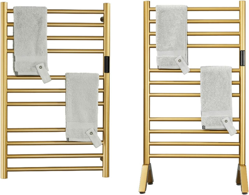 Heated Towel Rack Gold Freestanding & Wall Mounted Electric Towel Warmer Drying Rack for Bathroom, Built-in Timer and LED Indicator, 11 Bar Plug-in 304 Stainless Steel Heated Towel Rail