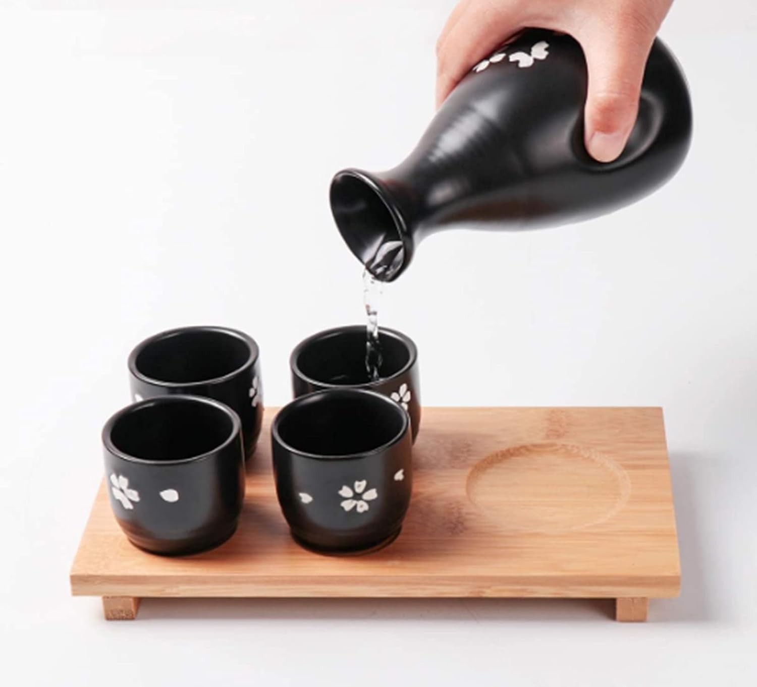 Japanese Sake Set Traditional Cherry Blossom 1 Bottle and 4 Cups with Bamboo Tray Sake Serving Set, Black