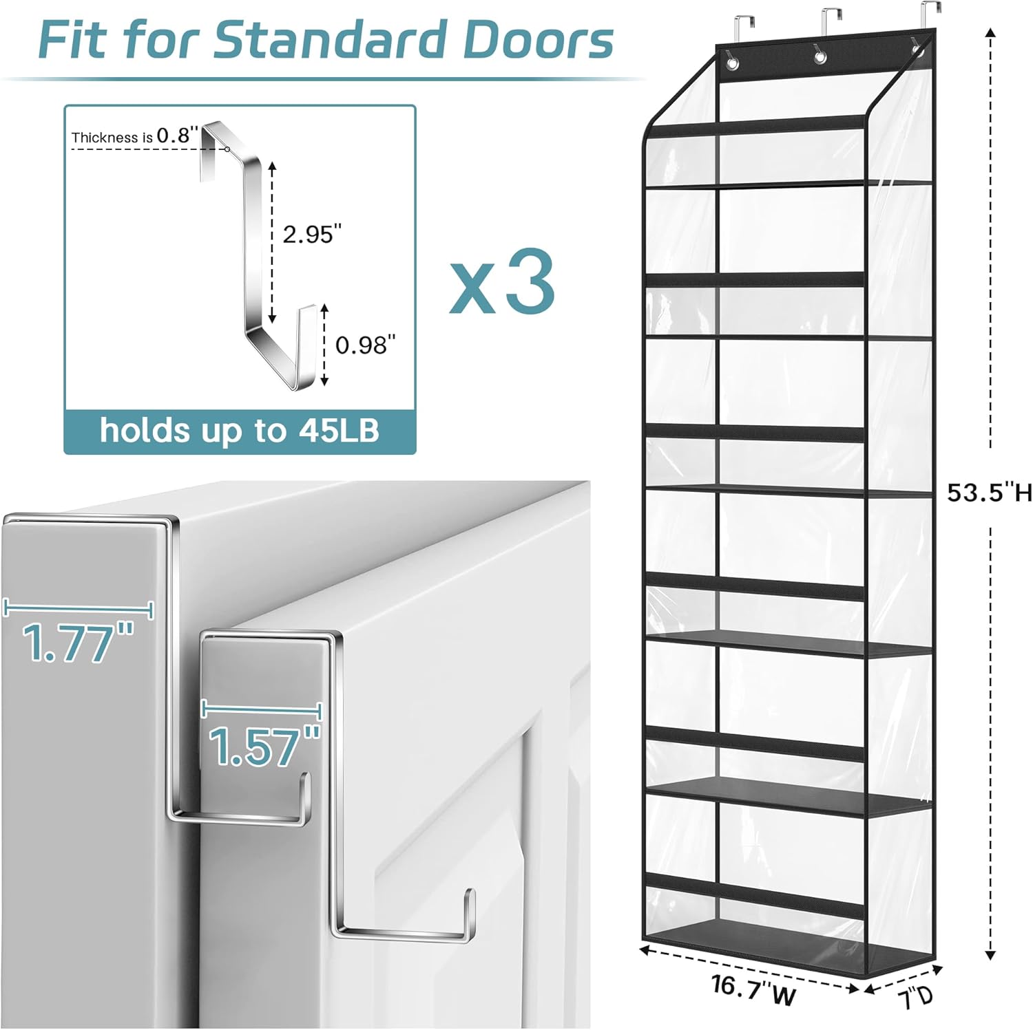 AOODA Clear Over The Door Hat Racks for Baseball Caps, Large Holds up to 72 Caps Hat Storage Organizer for Closet Wall, Deep Pockets Hanging Hat Holder with 3 Hooks, Black