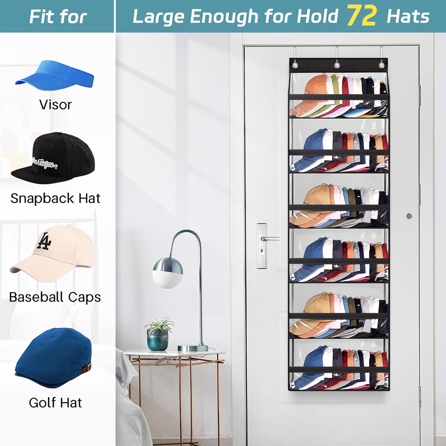 AOODA Clear Over The Door Hat Racks for Baseball Caps, Large Holds up to 72 Caps Hat Storage Organizer for Closet Wall, Deep Pockets Hanging Hat Holder with 3 Hooks, Black