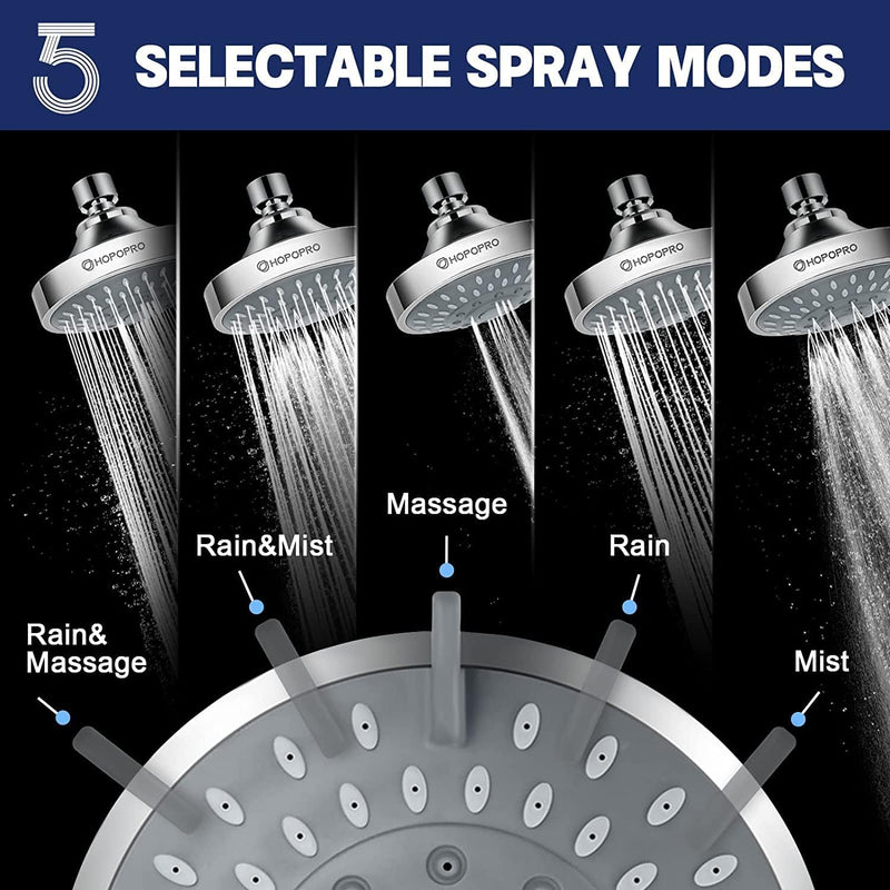 HOPOPRO 5-Mode High Pressure Shower Head - Consumer Reports, The Washington Post, NBC News, TODAY TV Show Recommended - 4.1 Inch High Flow Fixed Showerheads Bathroom Rain Showerhead for Low Pressure