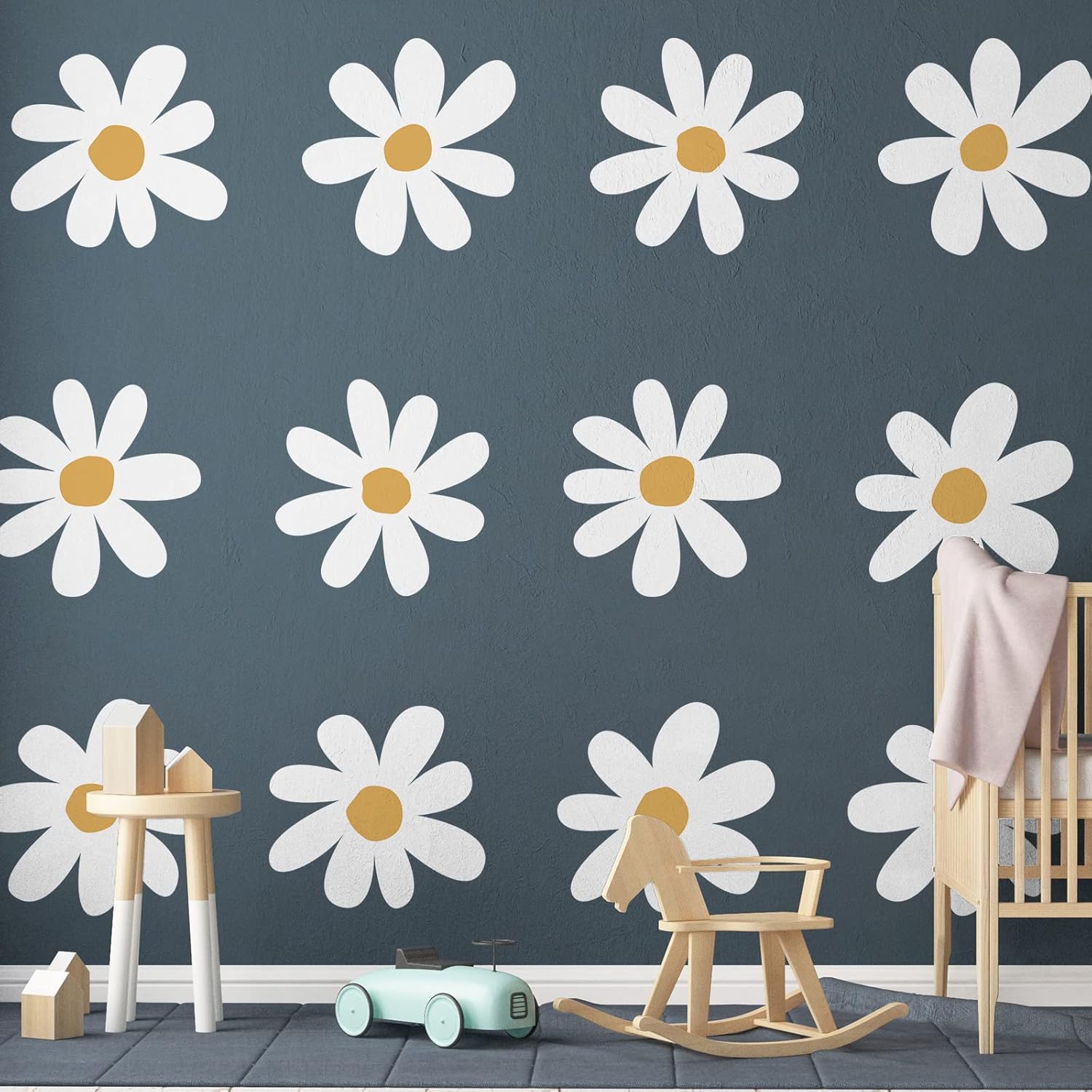 12 Sheets Daisy Wall Decals Flower Wall Stickers Large Daisy Wall Stickers Daisy Decals for Wall Peel and Stick for Nursery Kids Girls Bedroom Living Room Wall Decor(Classic Style)