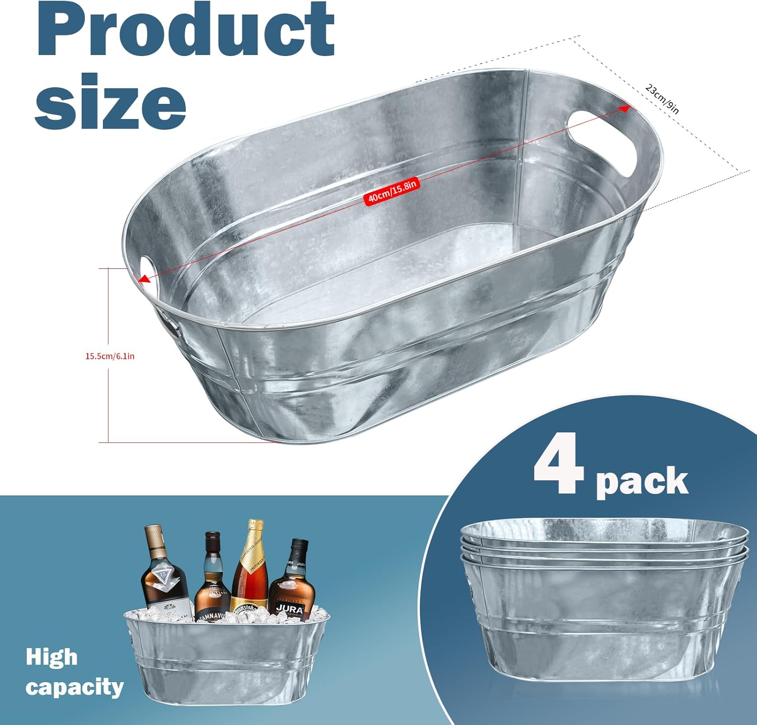 4PCS 4 Gallon Galvanized Tub with Carry Beer Drink Storage Cooler Metal Beverage Ice Tub Galvanized Ice Buckets for Party