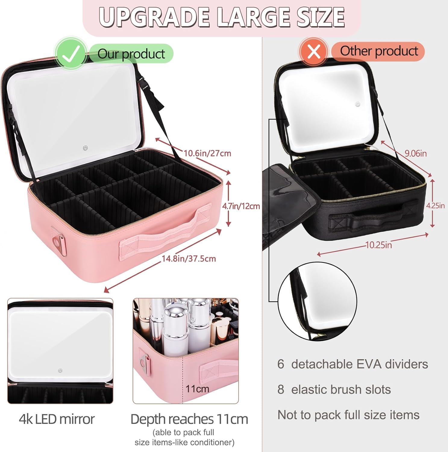 Yofuly Large Makeup Bag With Light Up Mirror, [Extra Large Size] Lighted Makeup Case, Travel Makeup Train Case with Adjustable Dividers and 10x Magnifying Mirror | 3 Adjustable Brightness