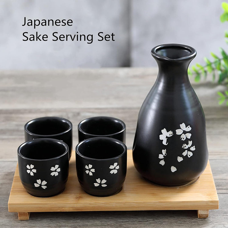 Japanese Sake Set Traditional Cherry Blossom 1 Bottle and 4 Cups with Bamboo Tray Sake Serving Set, Black