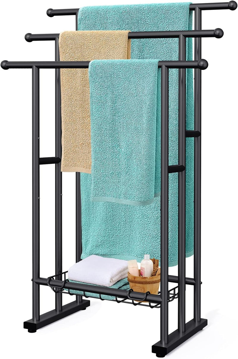 Kayfia 40" H Free Standing Towel Rack, 3 Tier Alloy Steel Stand with Basket, Blanket Drying and Display Rack for Oversized Bath Towels Bathroom Accessories, Next to Tub or Shower (Black)