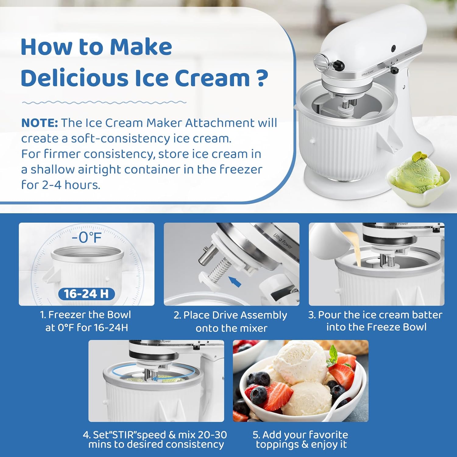 Ice Cream Maker Attachment for KitchenAid Stand Mixer, 2 Quart Frozen Yogurt Ice Cream & Sorbet Gelato Maker Bowl Fits for 4.5 Qt and Larger Stand Mixers, Not for Artisan Mini 3.5Qt Mixer