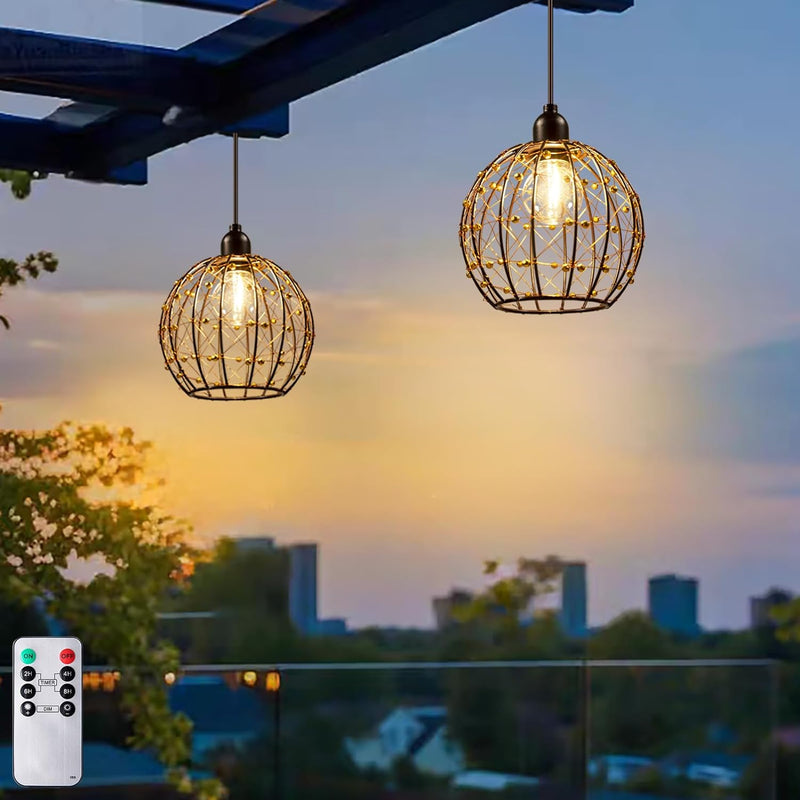 Hanging Pendant Lantern Lights, Battery Operated Outdoor Chandelier with G50 Warm White LED Bulb, Beaded Copper Wire Ball Shades, for Patio Tree Pergola Gazebo Porch-2Pack