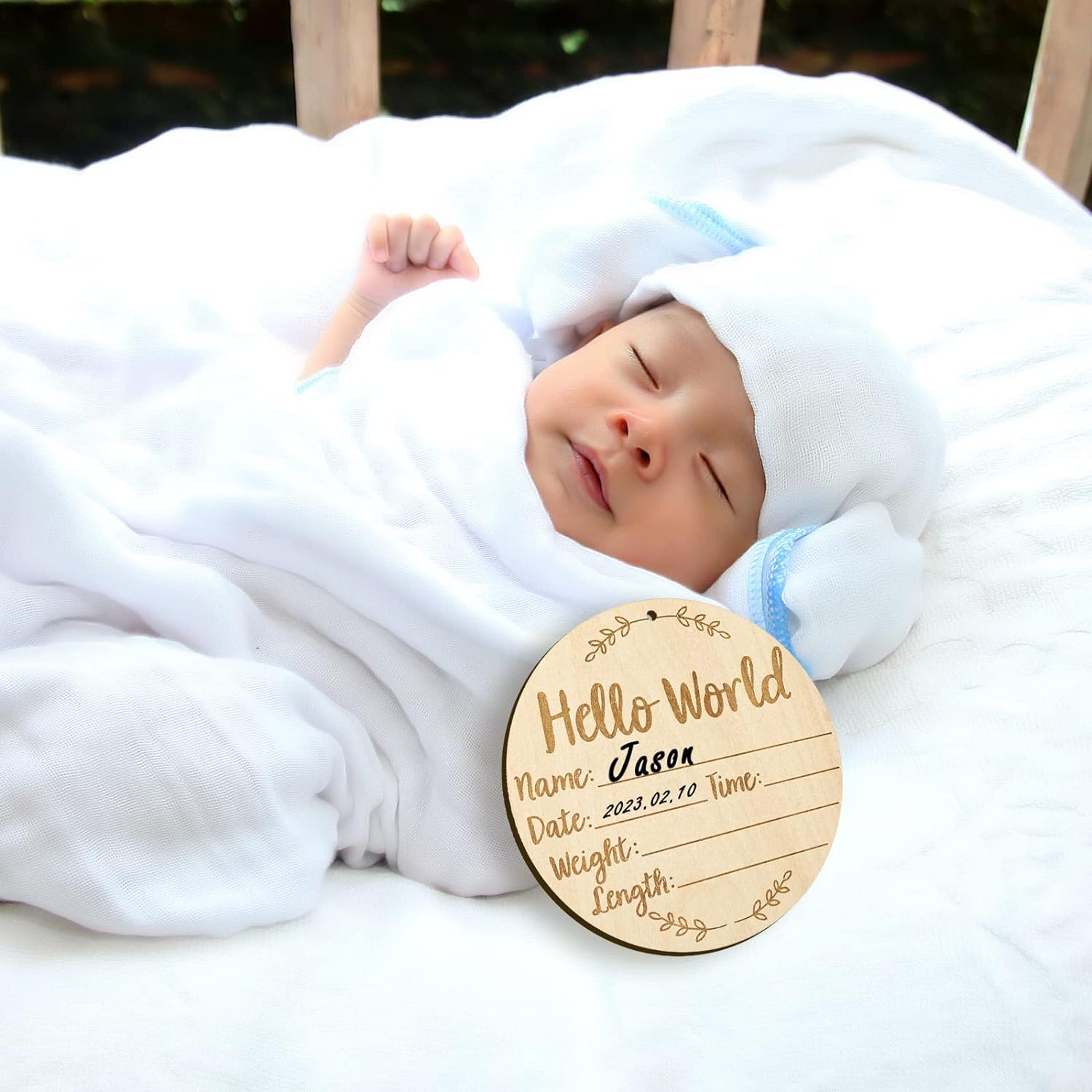 Baby Announcement Sign, 5.9 Inch Round Baby Nursery Name Signs with Ink Pad for Baby Hand and Footprints Wooden Hello World Newborn Sign for Photo Prop