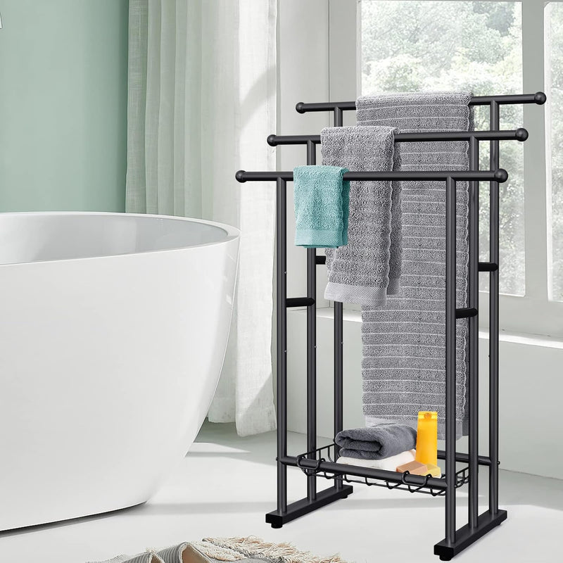 Kayfia 40" H Free Standing Towel Rack, 3 Tier Alloy Steel Stand with Basket, Blanket Drying and Display Rack for Oversized Bath Towels Bathroom Accessories, Next to Tub or Shower (Black)