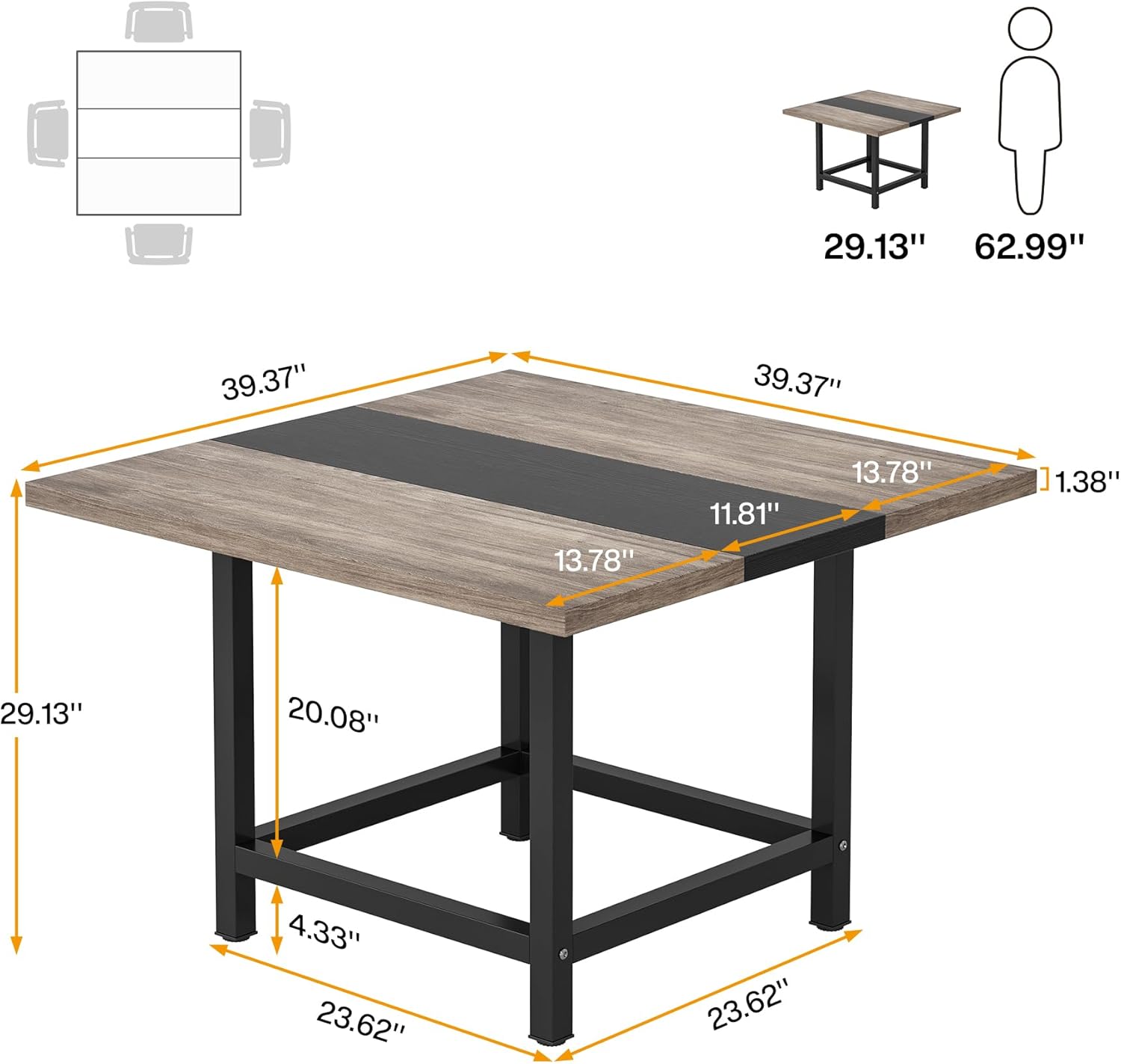 39-Ince Square Small Conference Room Table for 4 People,Wood Computer Desk for Home Office, Small Space (Chair not Included)