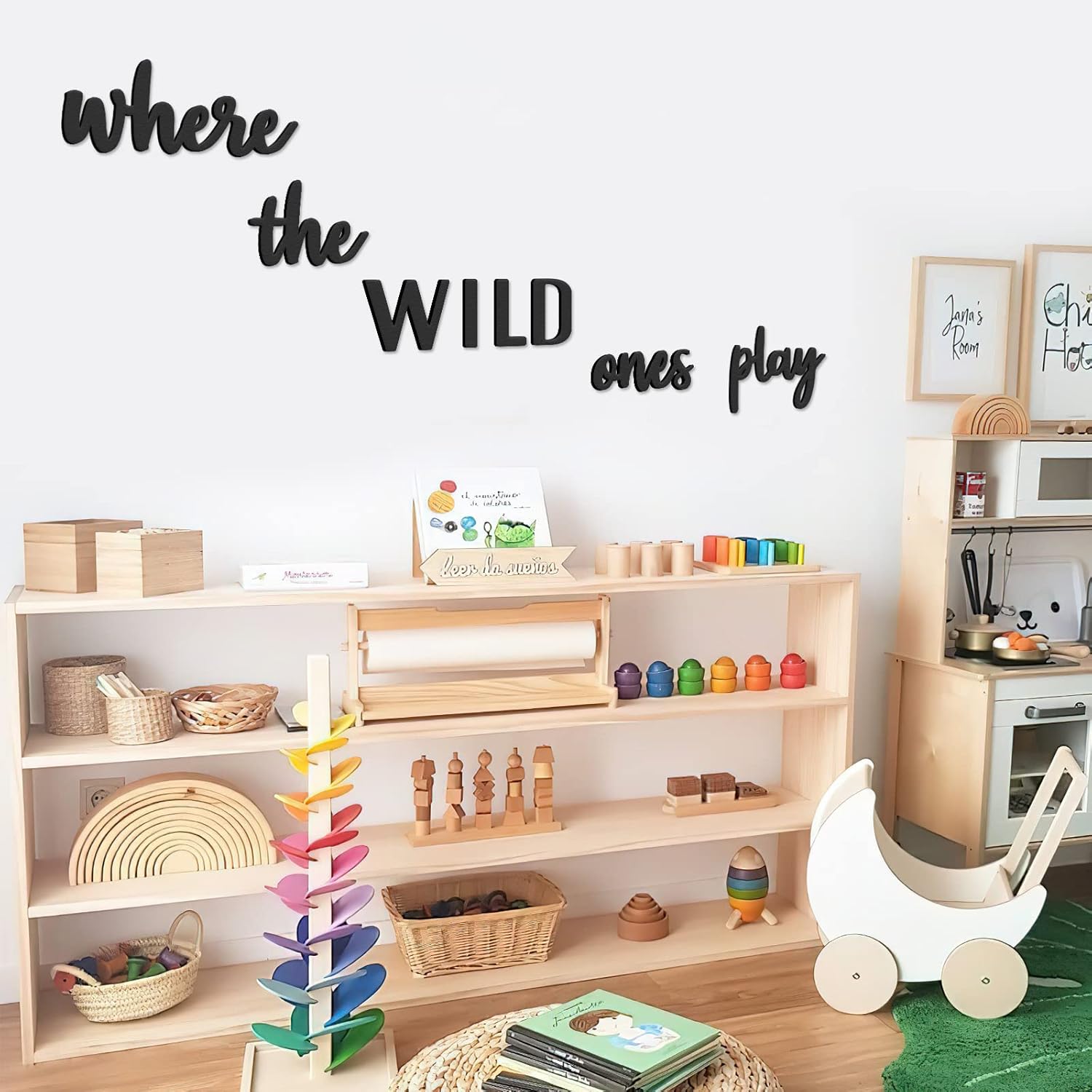 Xylolfsty Playroom Wall Decor, Where The Wild Ones Play Room Sign Wooden Wall Art Decoration for Boys and Girls Toy Room Kids Toddler Nursery Room Bedroom Home Word Cutouts Sign 8 pcs