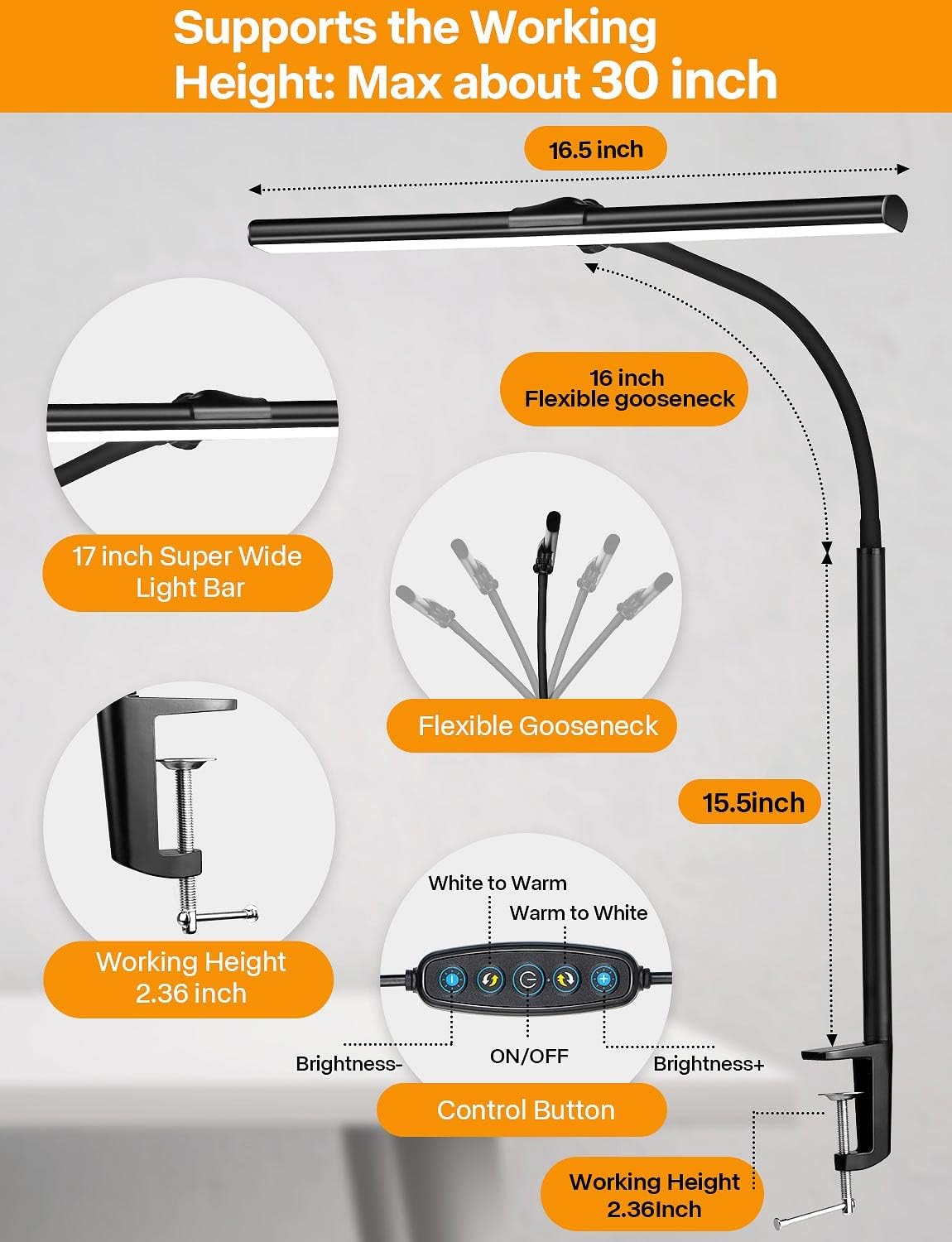 ACNCTOP LED Desk Lamp for Office Home - Eye-Caring Architect Task Lamp 25 Lighting Modes Adjustable Flexible Gooseneck Clamp Light for Workbench Drafting Reading Study (Black)