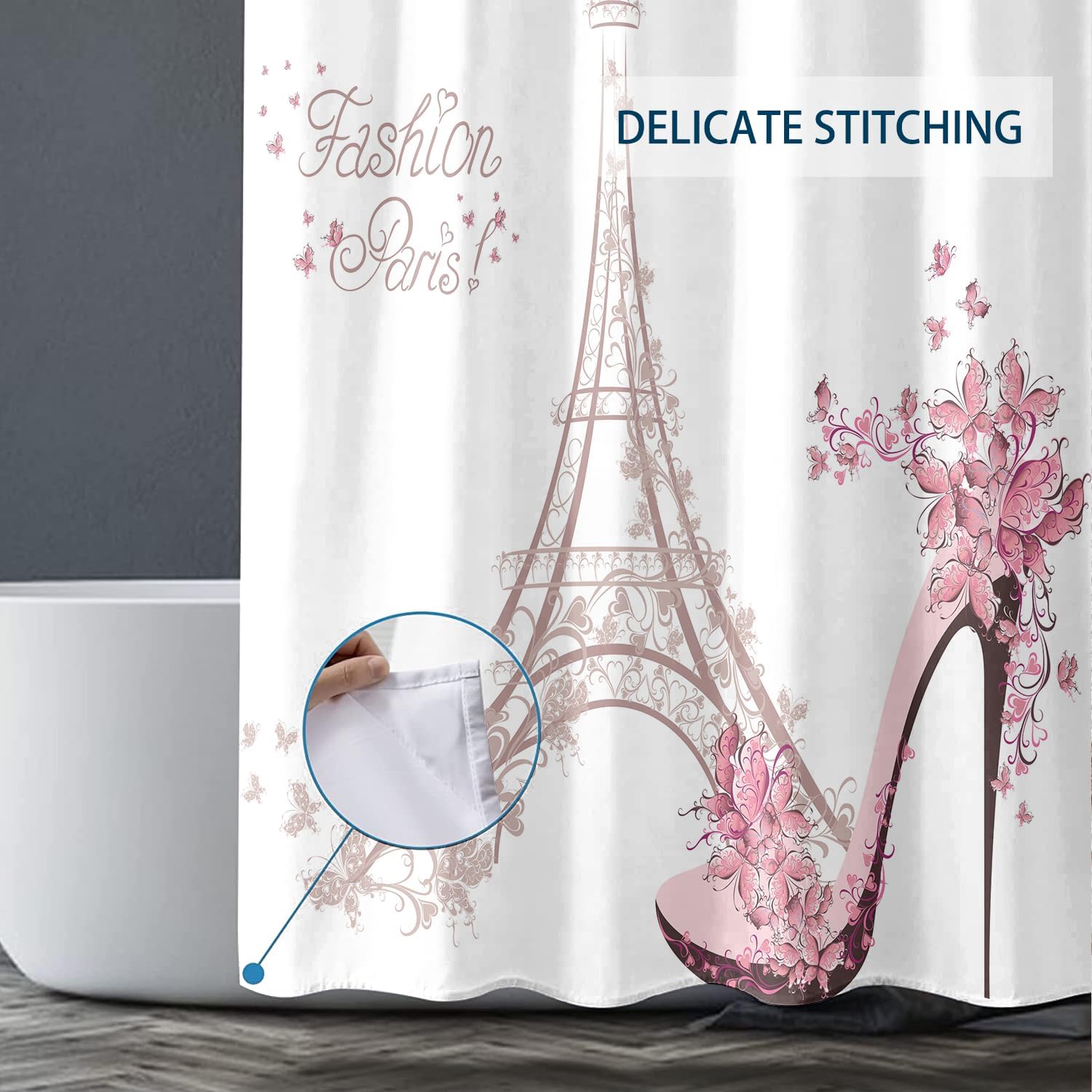 4PCS Paris Eiffel Tower Decor Bathroom Mat Rug Set Shower Curtain Set, High Heeled Shoes and Pink Flower in Paris Pattern Girl Woman Bath Mat + Contour Mat+Toilet Cover+Shower Curtain