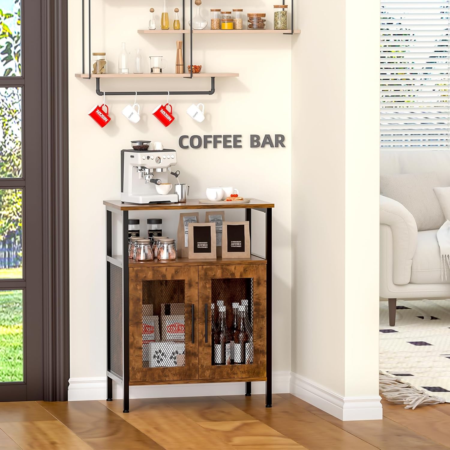 X-cosrack Coffee Bar Station, 3-Tier Small Coffee Stand Station with Storage, Farmhouse-Style Coffee Bar Cabinet Featuring 2-Door Cabinet Ideal for Living Room, Entryway, Kitchen