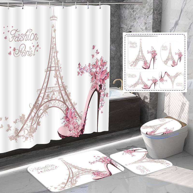 4PCS Paris Eiffel Tower Decor Bathroom Mat Rug Set Shower Curtain Set, High Heeled Shoes and Pink Flower in Paris Pattern Girl Woman Bath Mat + Contour Mat+Toilet Cover+Shower Curtain