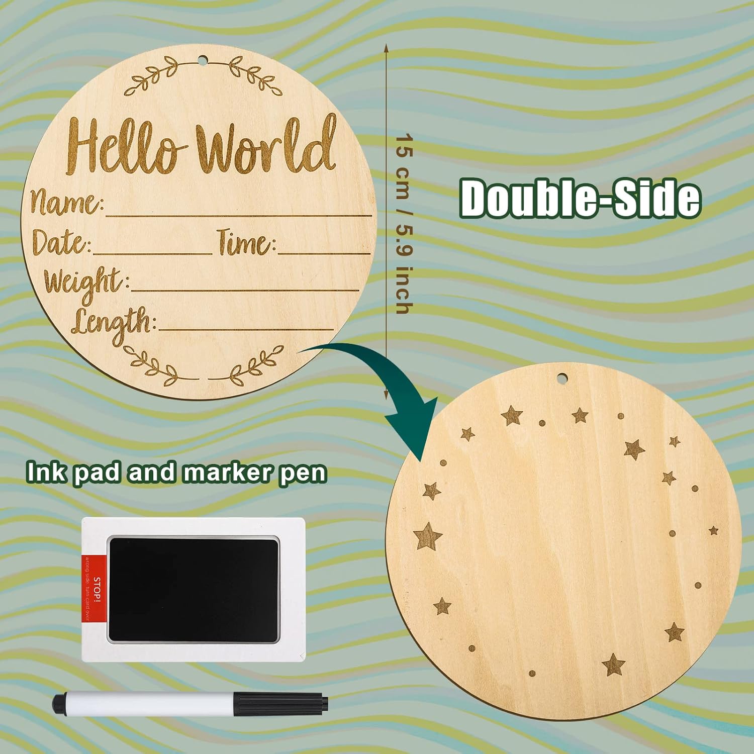 Baby Announcement Sign, 5.9 Inch Round Baby Nursery Name Signs with Ink Pad for Baby Hand and Footprints Wooden Hello World Newborn Sign for Photo Prop