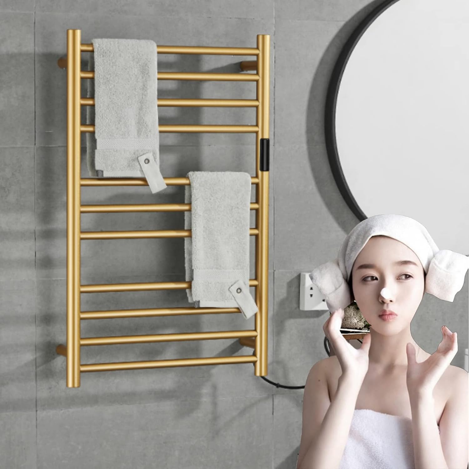 Heated Towel Rack Gold Freestanding & Wall Mounted Electric Towel Warmer Drying Rack for Bathroom, Built-in Timer and LED Indicator, 11 Bar Plug-in 304 Stainless Steel Heated Towel Rail