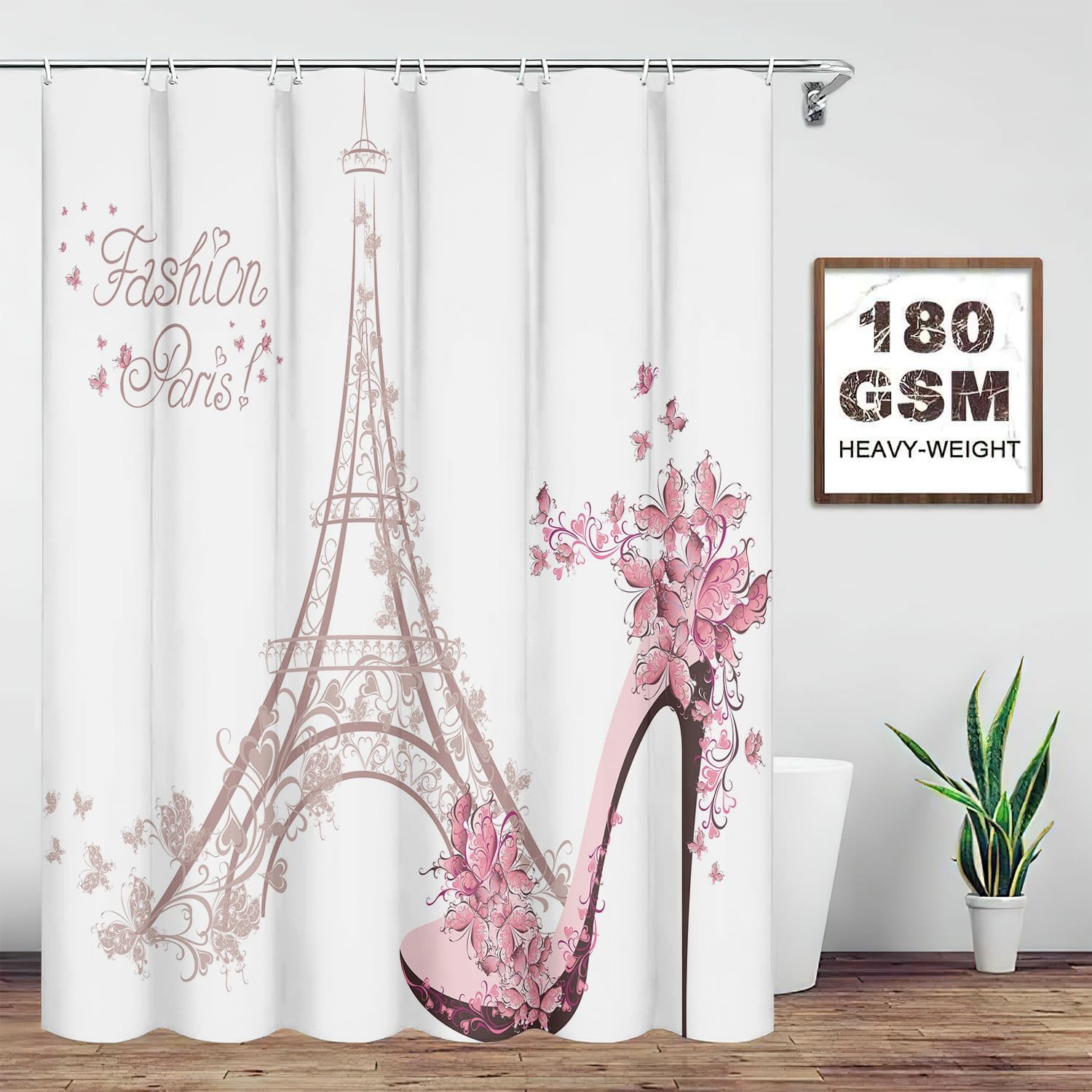 4PCS Paris Eiffel Tower Decor Bathroom Mat Rug Set Shower Curtain Set, High Heeled Shoes and Pink Flower in Paris Pattern Girl Woman Bath Mat + Contour Mat+Toilet Cover+Shower Curtain