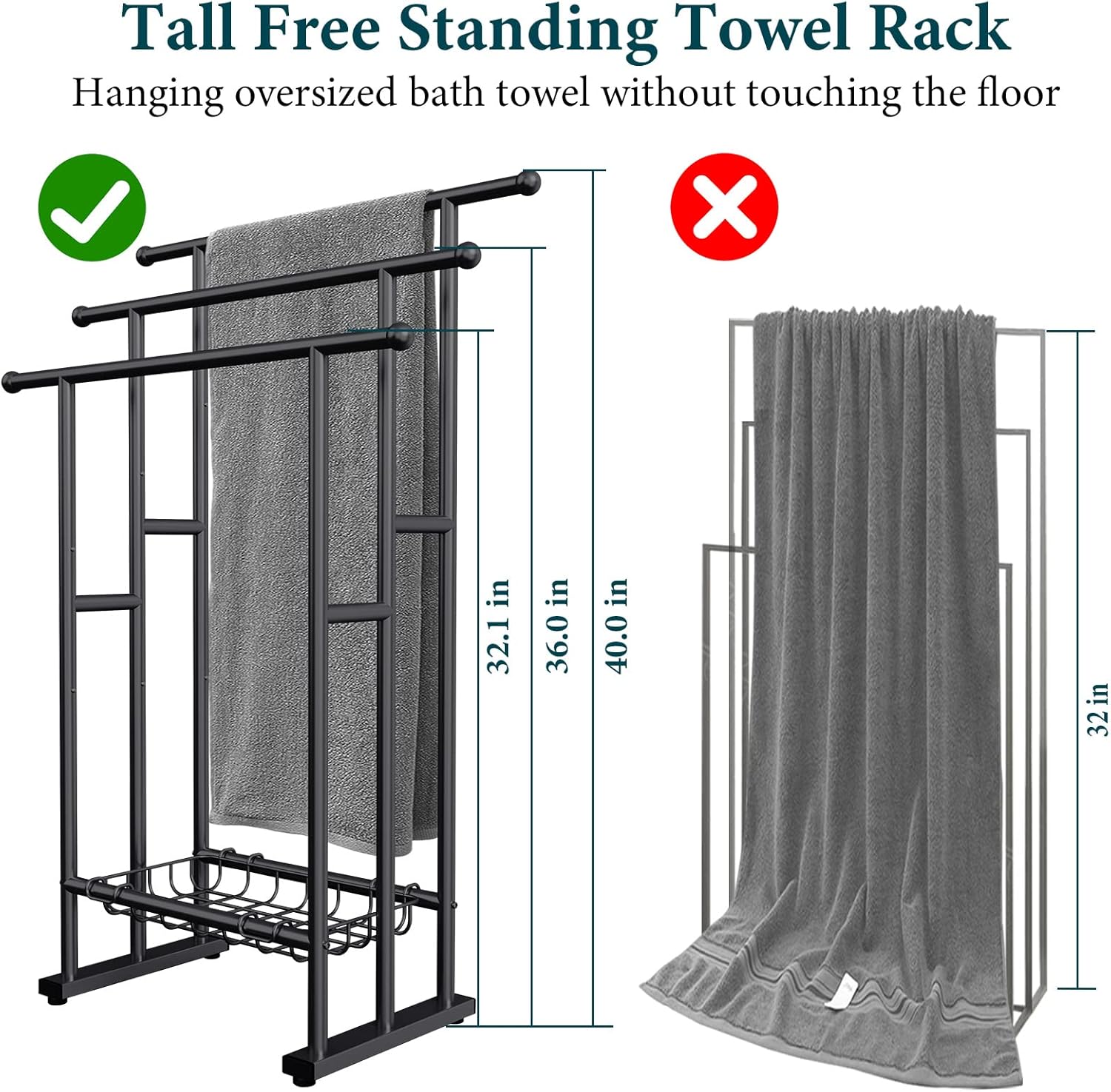 Kayfia 40" H Free Standing Towel Rack, 3 Tier Alloy Steel Stand with Basket, Blanket Drying and Display Rack for Oversized Bath Towels Bathroom Accessories, Next to Tub or Shower (Black)