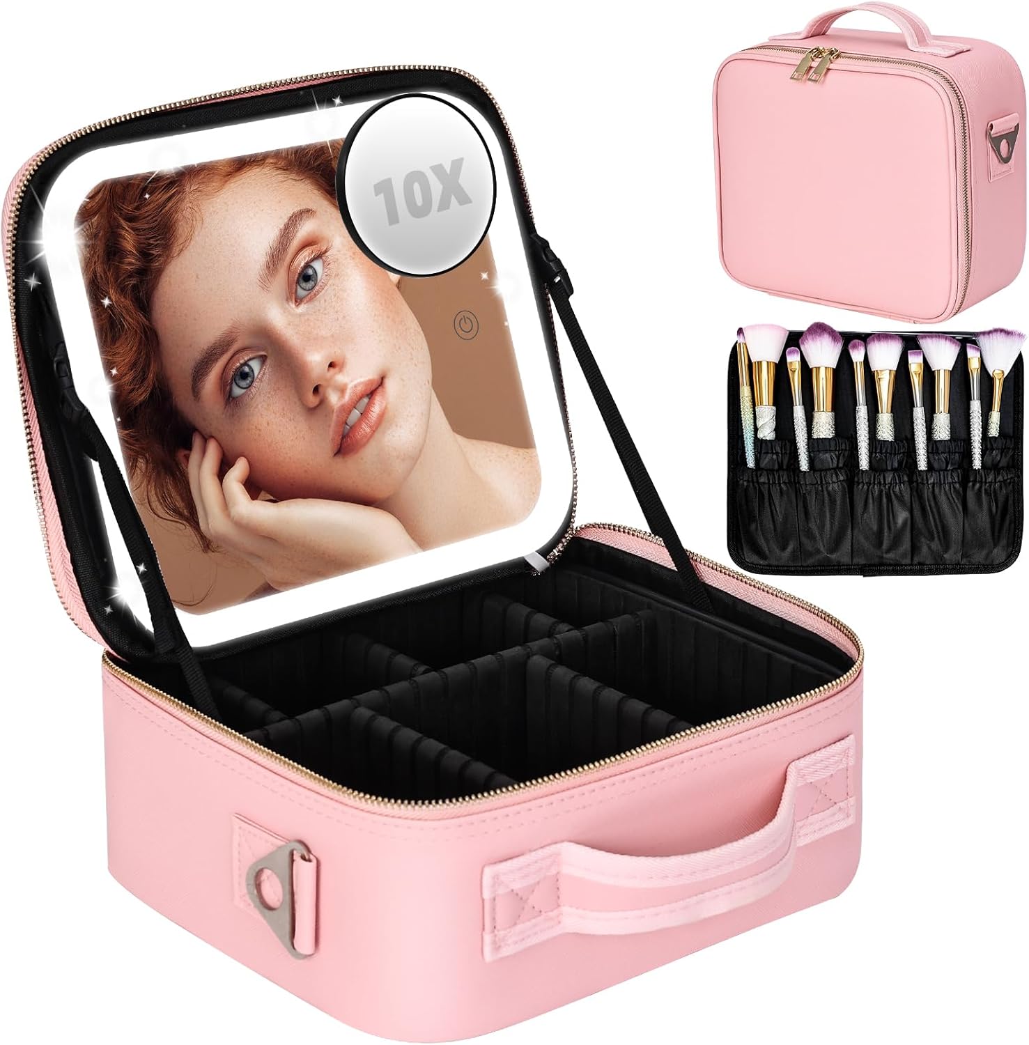 Yofuly Large Makeup Bag With Light Up Mirror, [Extra Large Size] Lighted Makeup Case, Travel Makeup Train Case with Adjustable Dividers and 10x Magnifying Mirror | 3 Adjustable Brightness