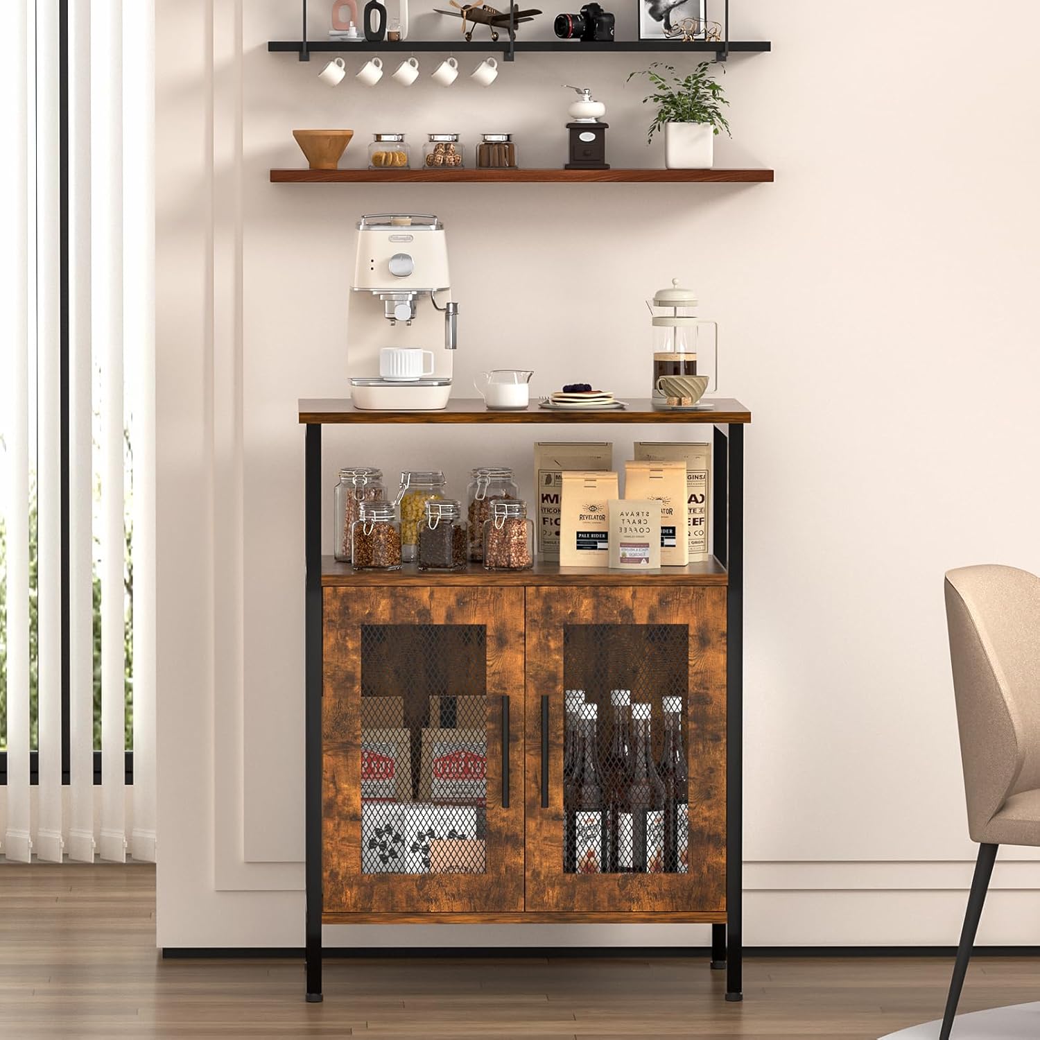 X-cosrack Coffee Bar Station, 3-Tier Small Coffee Stand Station with Storage, Farmhouse-Style Coffee Bar Cabinet Featuring 2-Door Cabinet Ideal for Living Room, Entryway, Kitchen