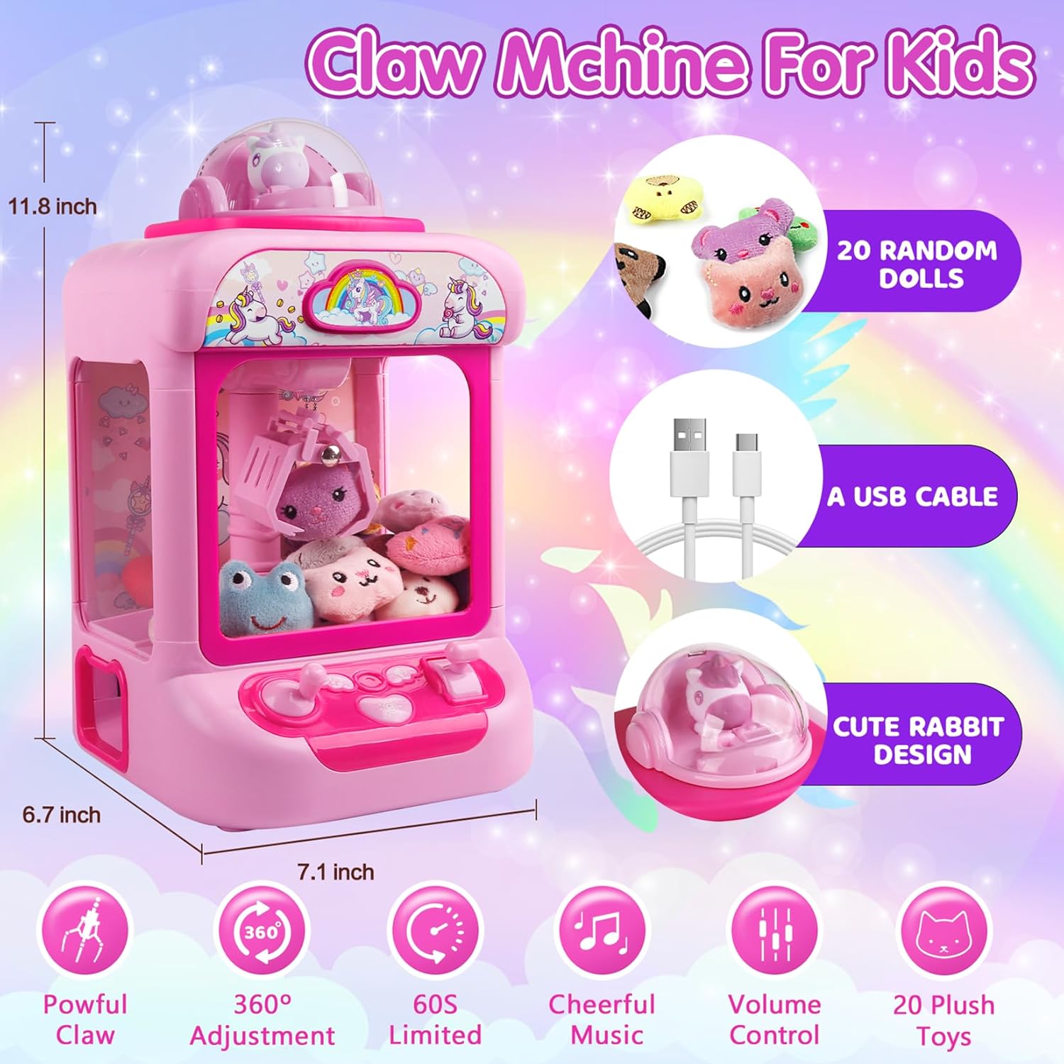 Claw Machine for Kids,Unicorn Mini Vending Machines Candy Grabber Prize Dispenser Pink Toys for Girls,Electronic Arcade Game with 20 Mini Plush Toys for Christmas Birthday Gifts