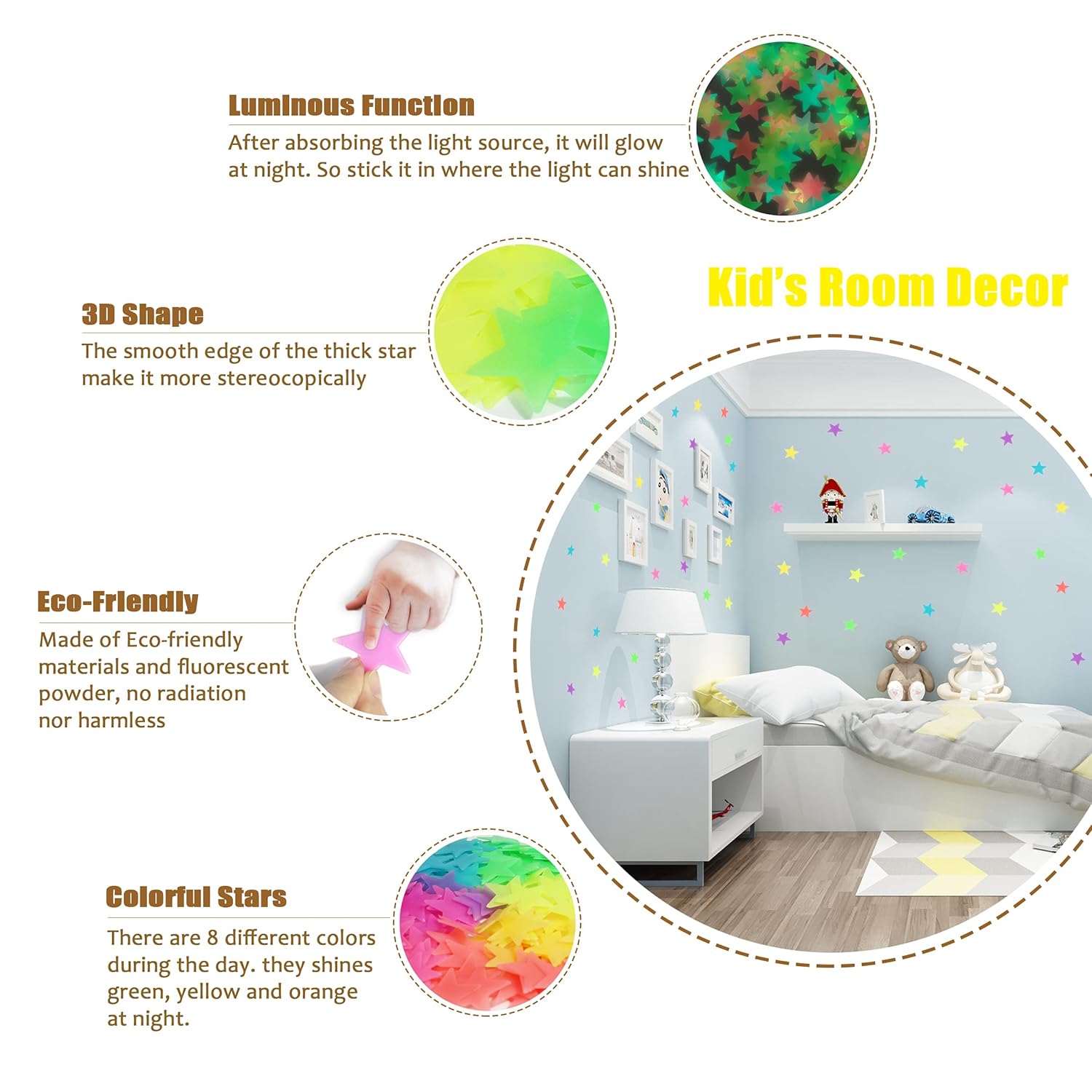 Glow in The Dark Stars Stickers for Ceiling, Adhesive 200pcs 3D Glowing Stars and Moon for Kids Bedroom,Luminous Stars Stickers Create a Realistic Starry Sky,Room Decor,Wall Stickers