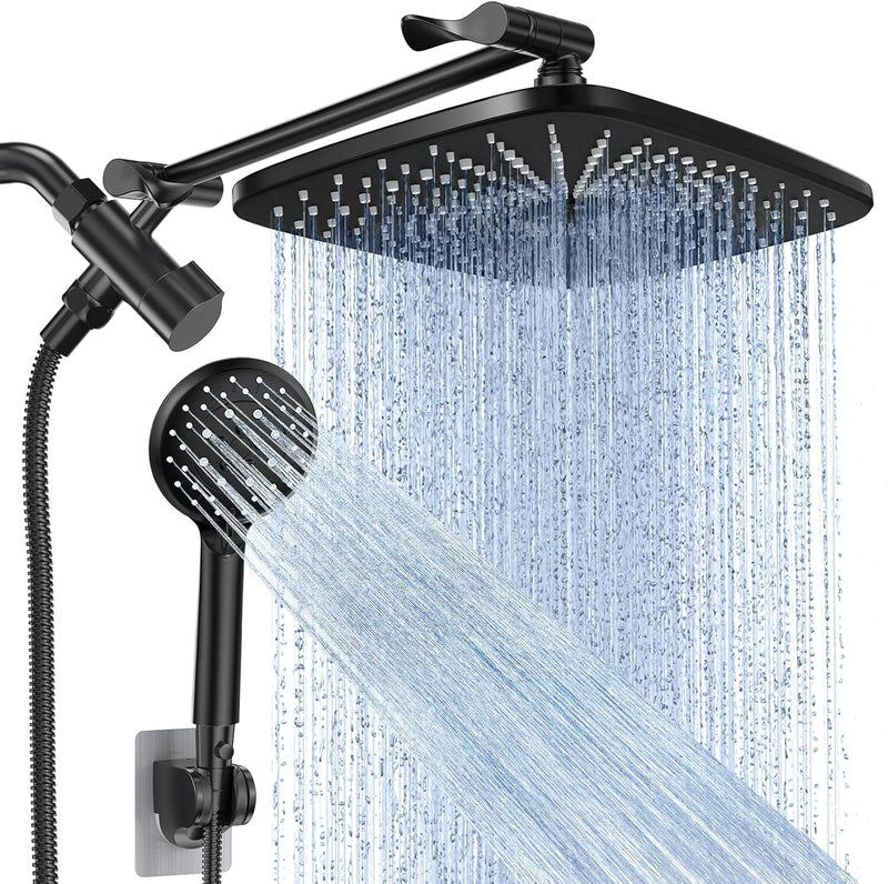 Veken 12 Inch High Pressure Rain Shower Head Combo with Extension Arm- Wide Rainfall Showerhead with 5 Handheld Water Spray - Adjustable Dual Showerhead with Anti-Clog Nozzles - Silver Chrome