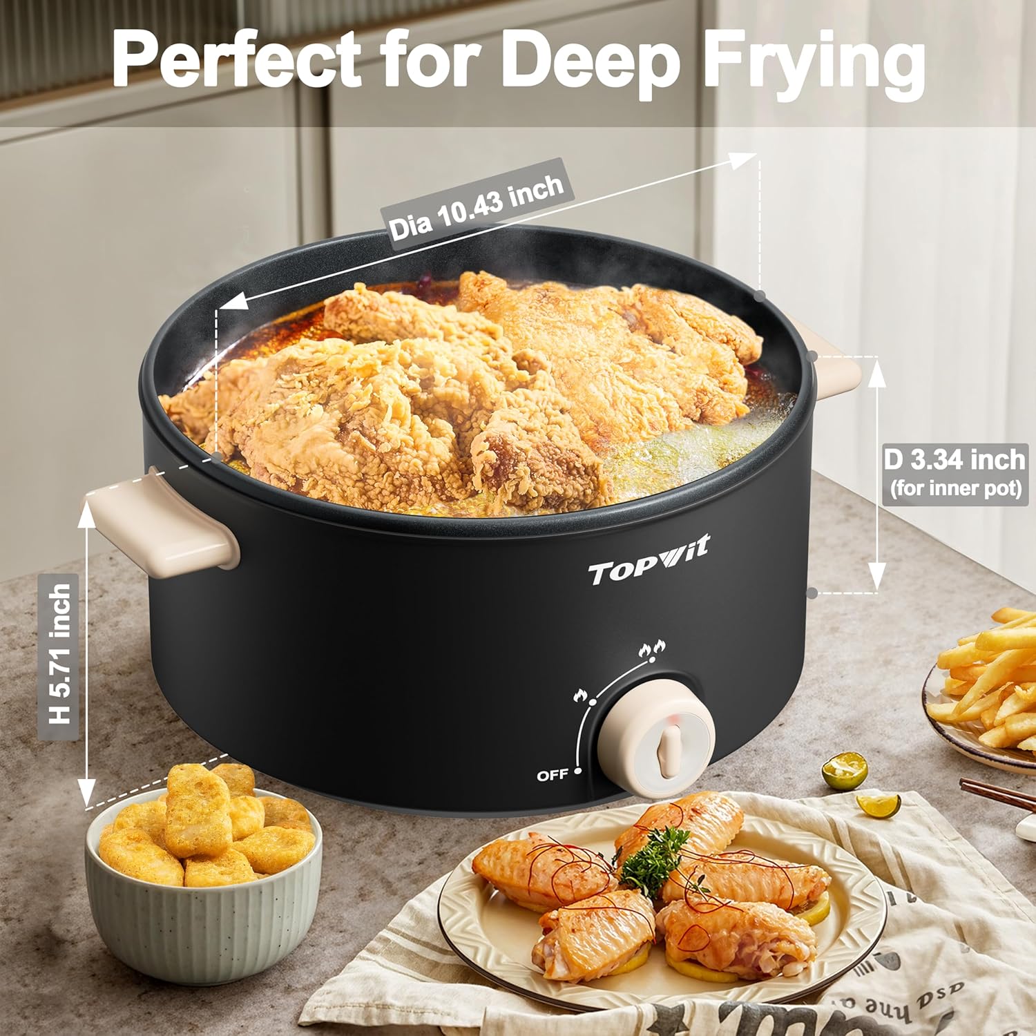 TOPWIT Hot Pot Electric, 4L Electric Pot with Non-Stick Coating, Dual Power Electric Cooker for Deep Frying, Steak, Pasta, Multi-Functional Large Capaity Shabu Shabu Pot for Party, Gathering, Black