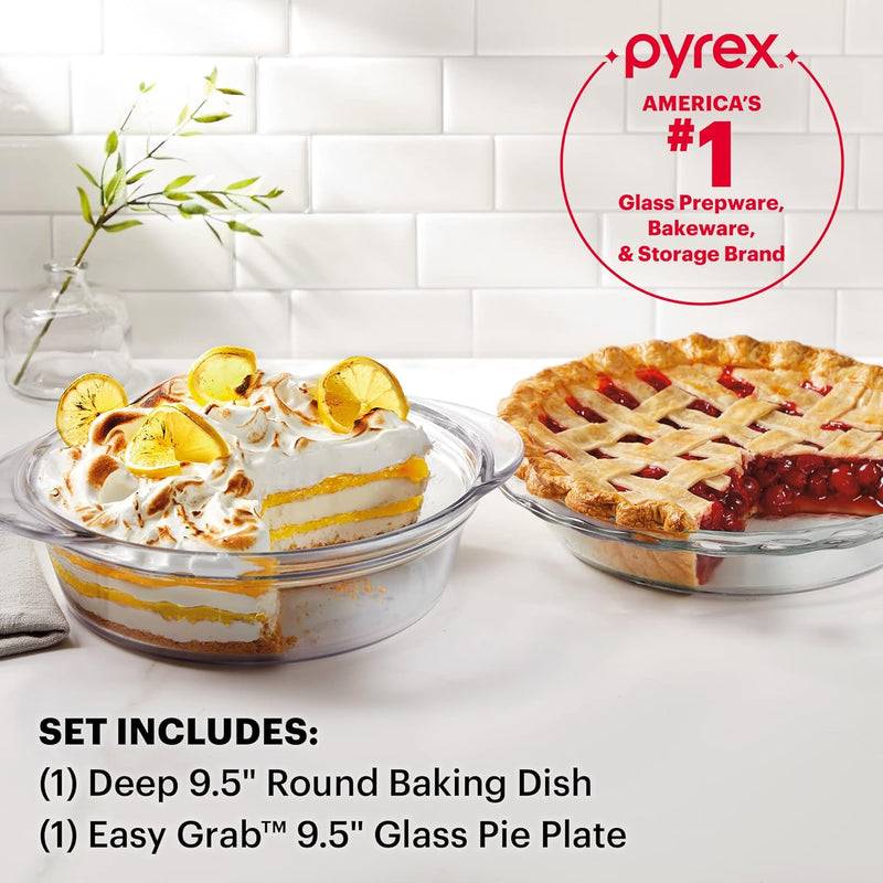 Pyrex Deep 2-Pack (9.5") Glass Baking Dish Set, Round Pie Glass Bakeware, Dishwasher, Microwave, Freezer & Pre-Heated Oven Safe