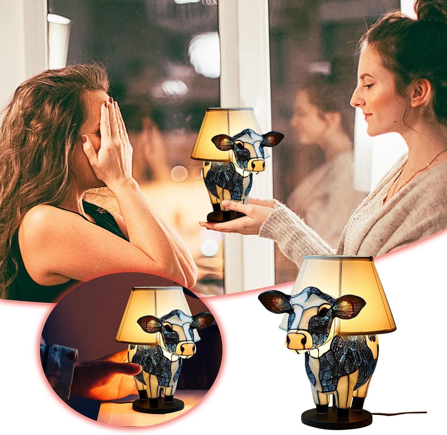 Animal Table Lamp Cow Decor, Lighted Cow Desk Lamp for Living Room, Bedside Lamp with USB A+C Ports, Dormitory Office Table Lamp for Bedroom, 4th of July Decorations Christmas Gift for Girls Mom (Cow)