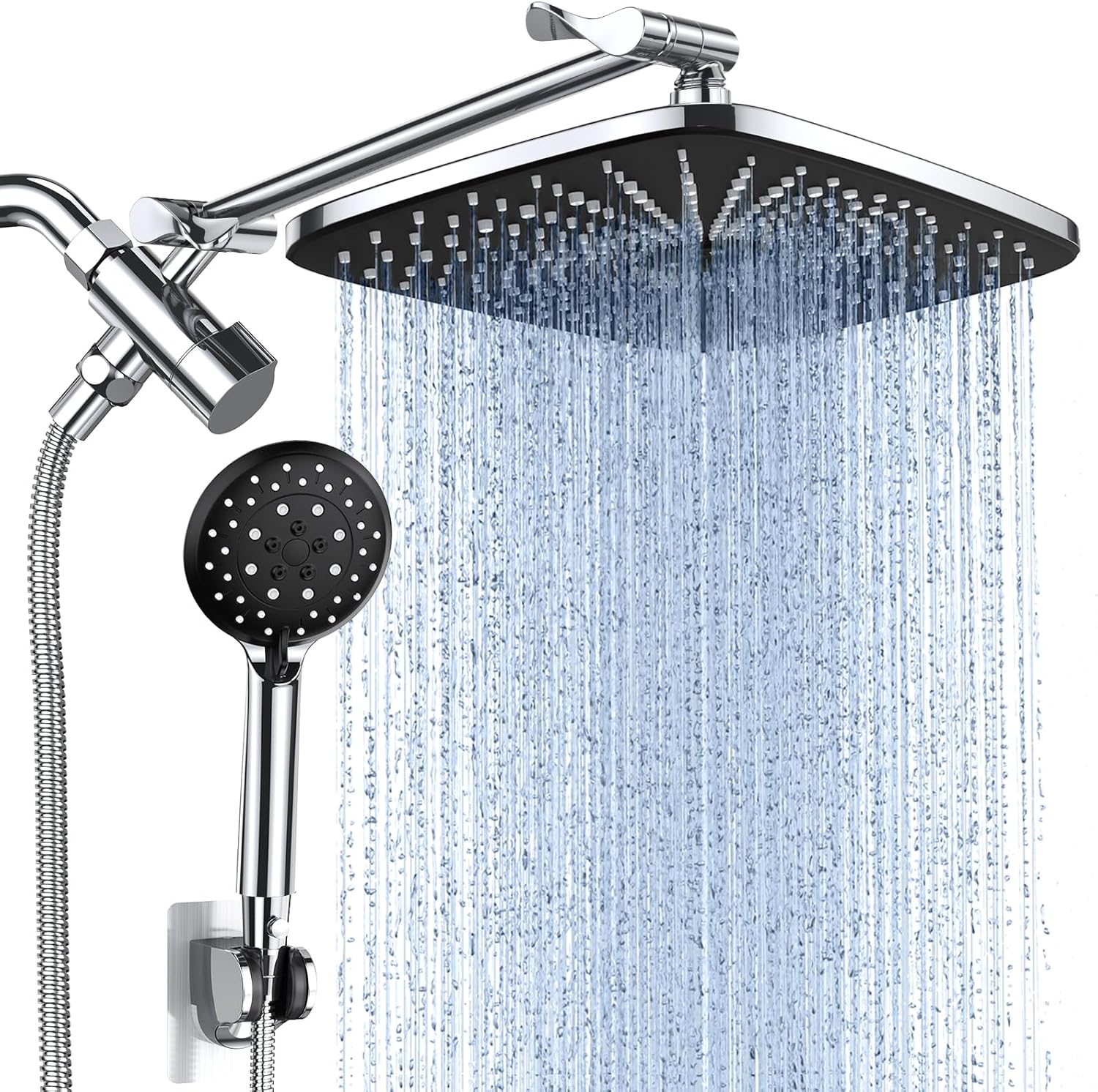 Veken 12 Inch High Pressure Rain Shower Head Combo with Extension Arm- Wide Rainfall Showerhead with 5 Handheld Water Spray - Adjustable Dual Showerhead with Anti-Clog Nozzles - Silver Chrome