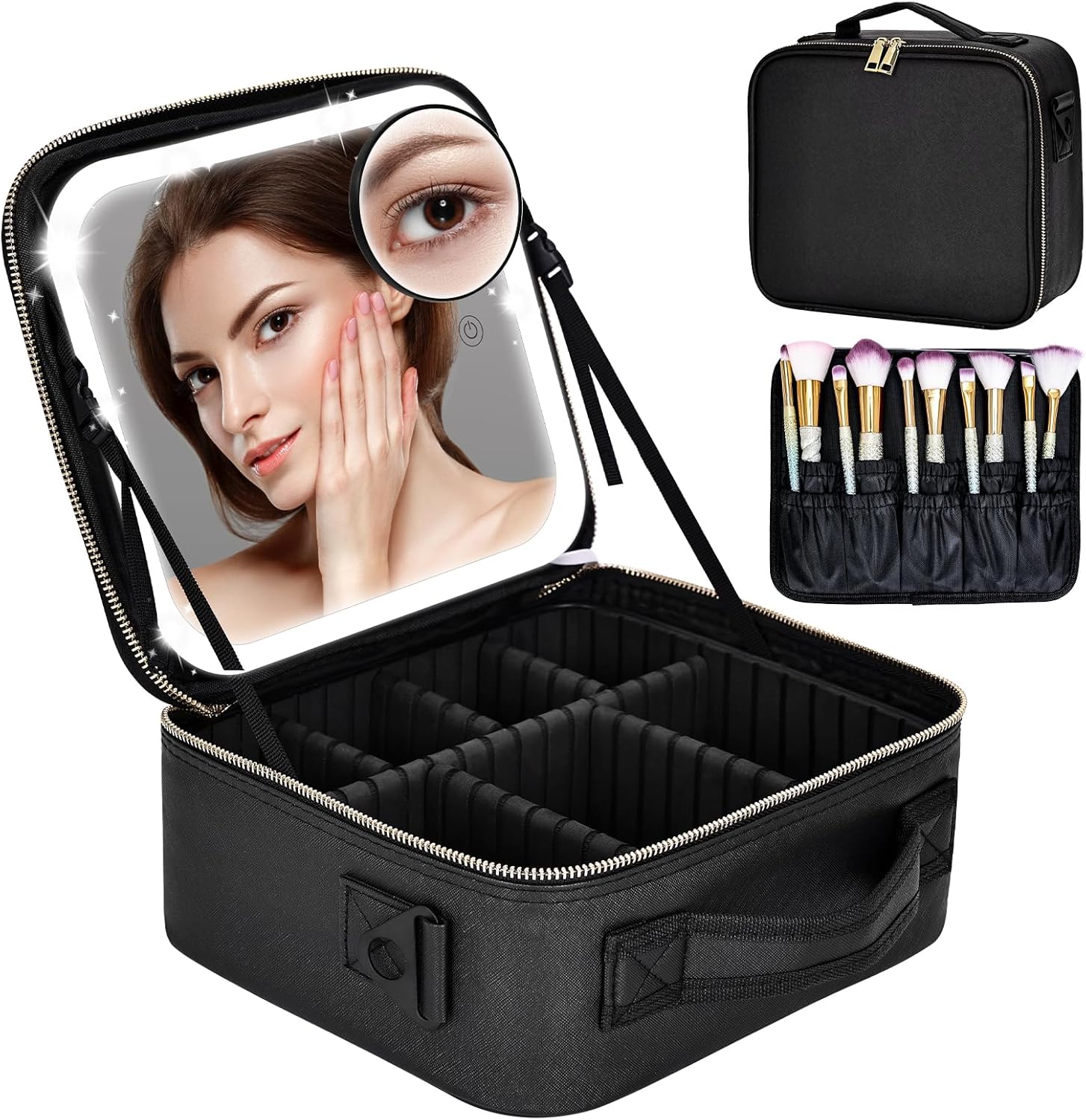 Yofuly Large Makeup Bag With Light Up Mirror, [Extra Large Size] Lighted Makeup Case, Travel Makeup Train Case with Adjustable Dividers and 10x Magnifying Mirror | 3 Adjustable Brightness