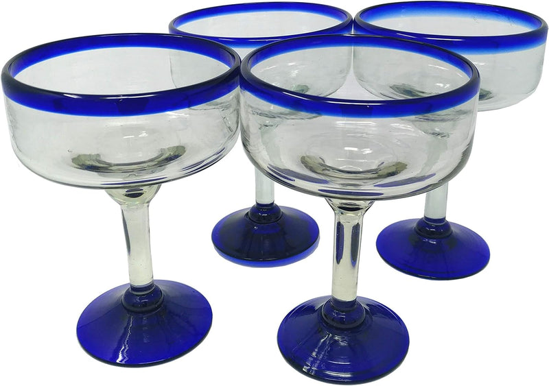 Dos Sueños Mexican Hand Blown Glass - Set of 4 Hand Blown Margarita Glasses - Cobalt Blue Rim (16 oz)