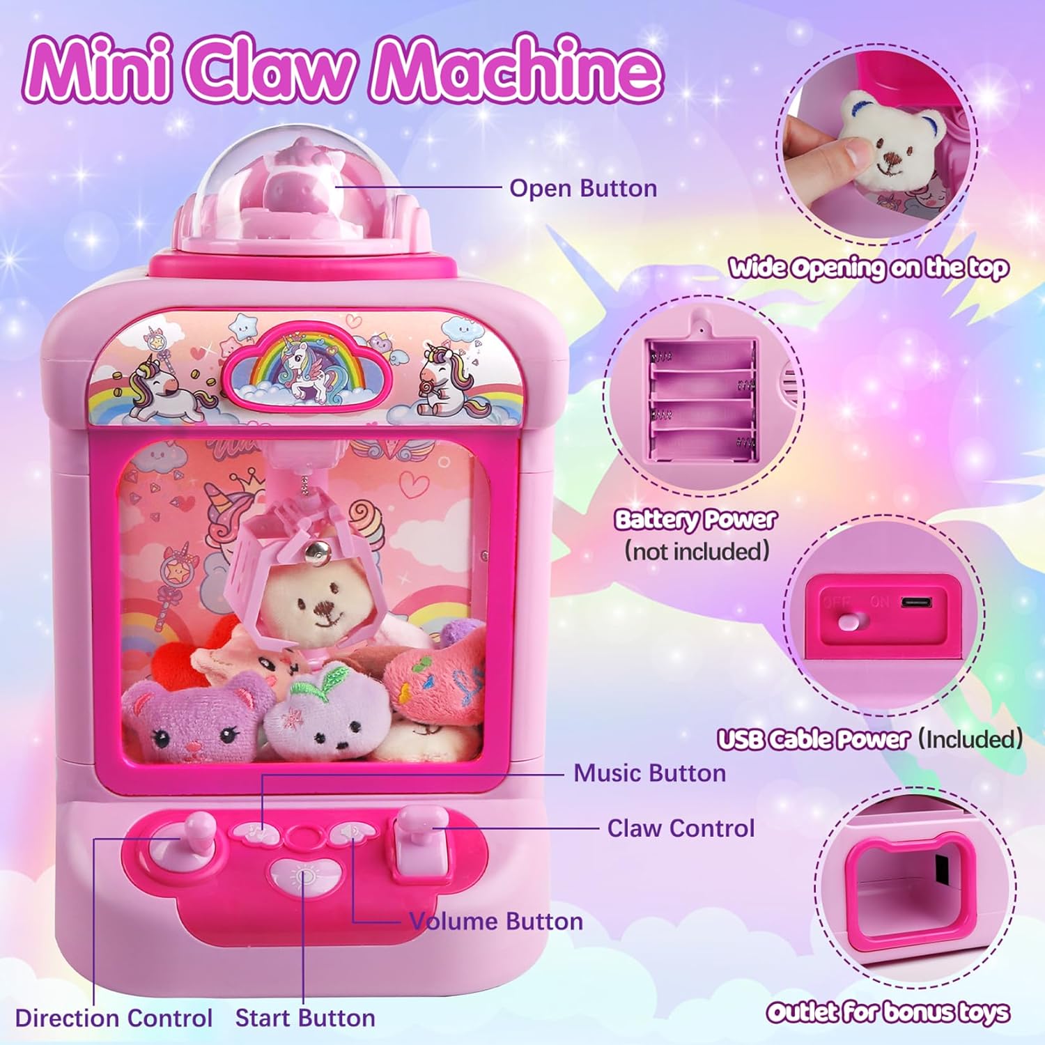 Claw Machine for Kids,Unicorn Mini Vending Machines Candy Grabber Prize Dispenser Pink Toys for Girls,Electronic Arcade Game with 20 Mini Plush Toys for Christmas Birthday Gifts