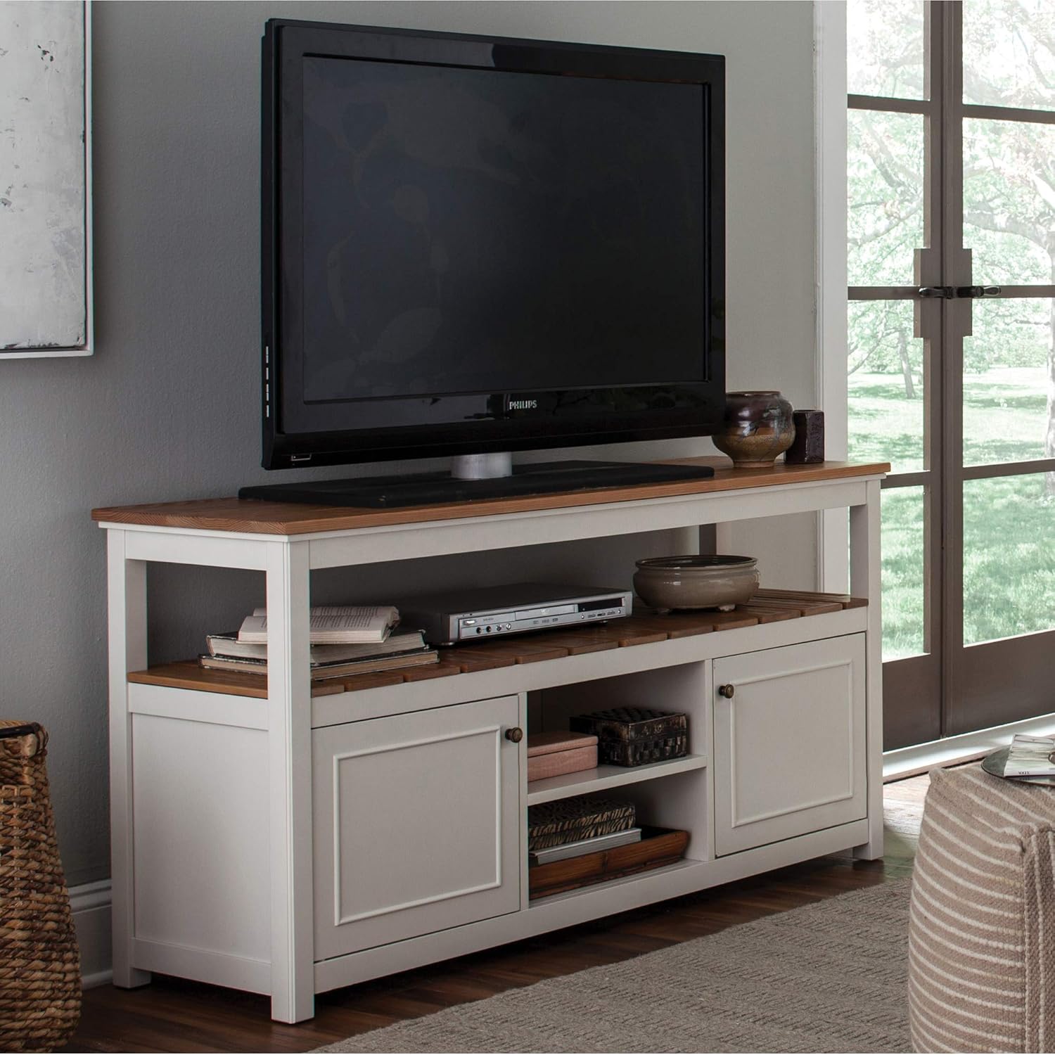 Savannah 2-Door TV Cabinet, Ivory with Natural Wood Top