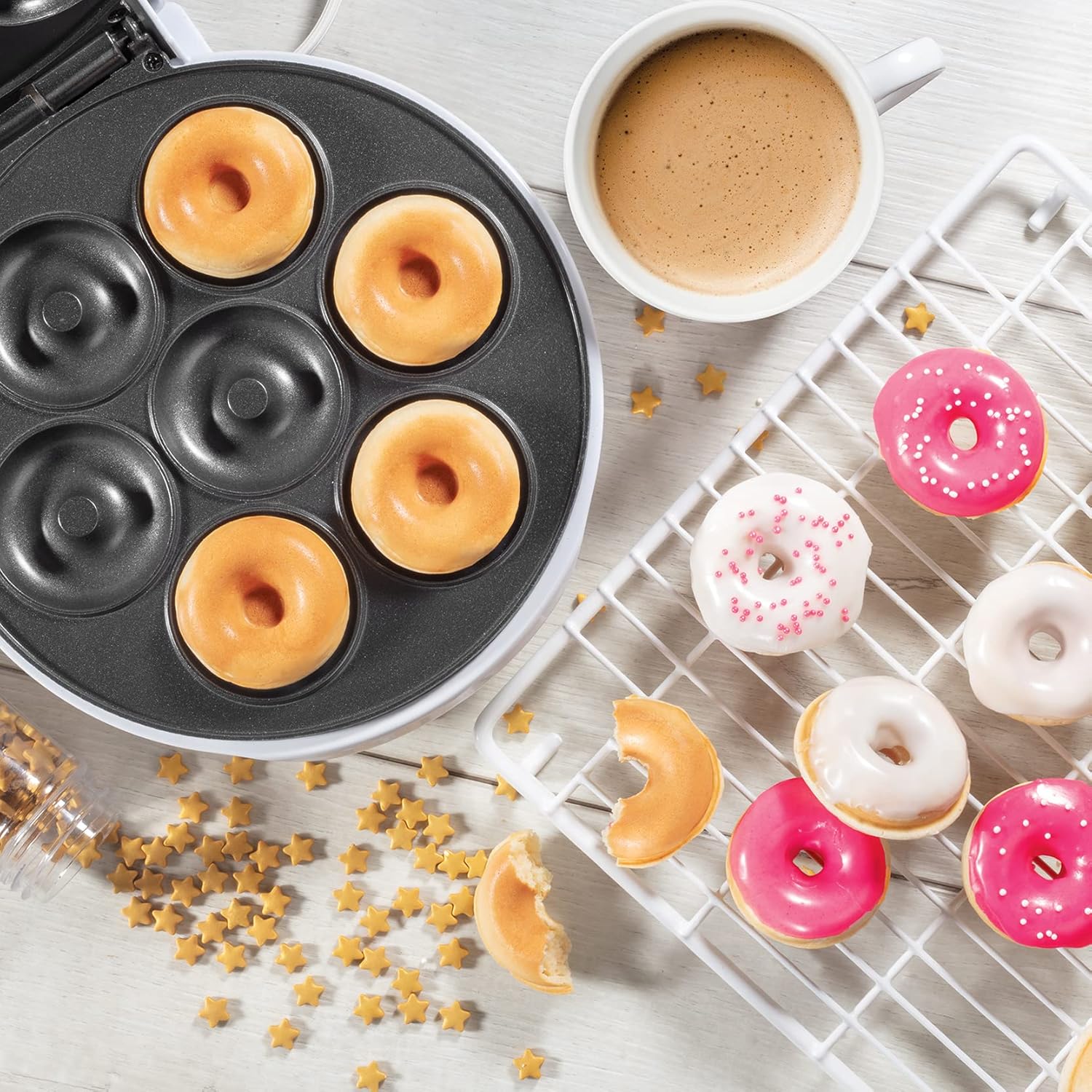 Mini Donut Maker - Electric Non-Stick Surface Makes 7 Small Doughnuts- Decorate, Frost or Ice Your Own for Kid Friendly Baked Dessert Treat- Unique Summer Baking Activity for Adults, or Gift for Her