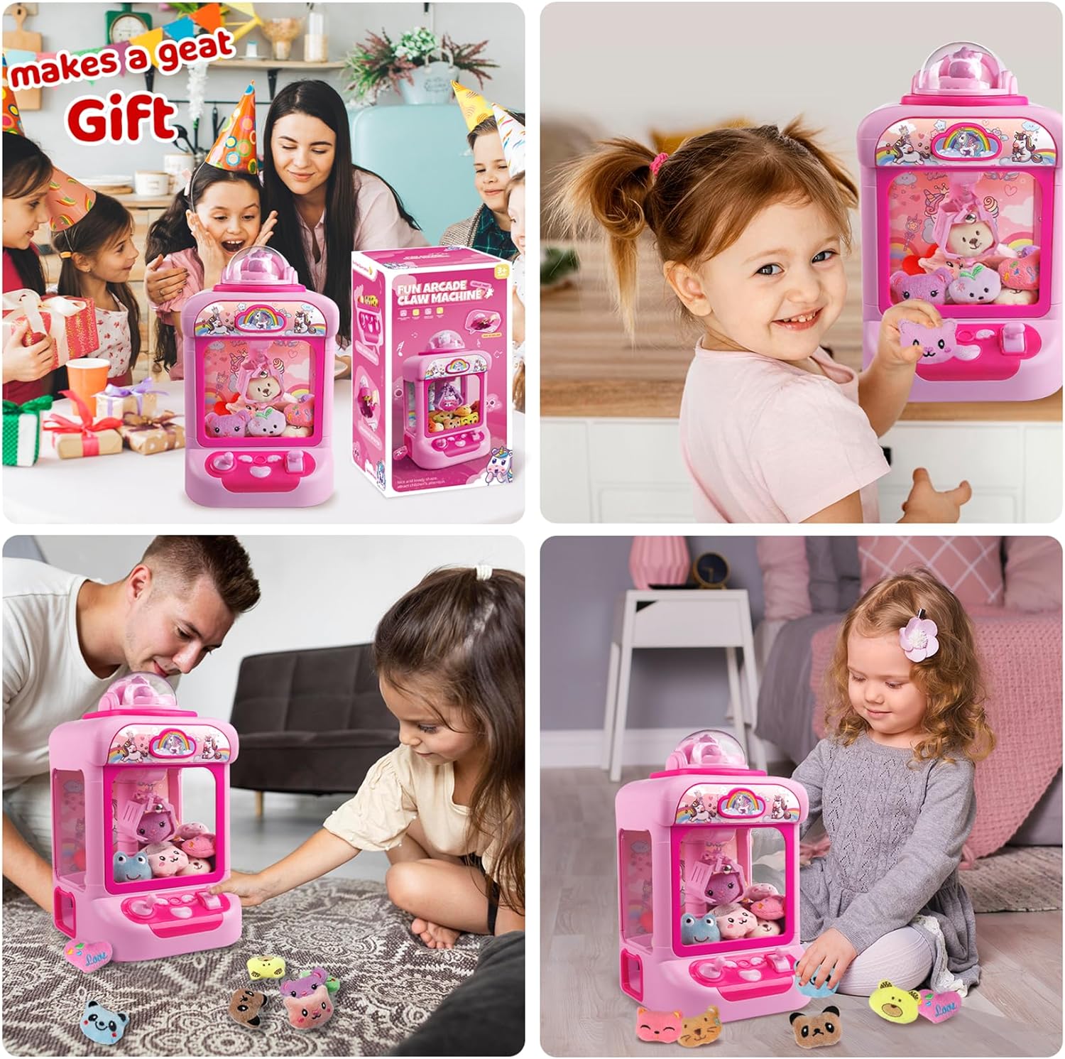 Claw Machine for Kids,Unicorn Mini Vending Machines Candy Grabber Prize Dispenser Pink Toys for Girls,Electronic Arcade Game with 20 Mini Plush Toys for Christmas Birthday Gifts