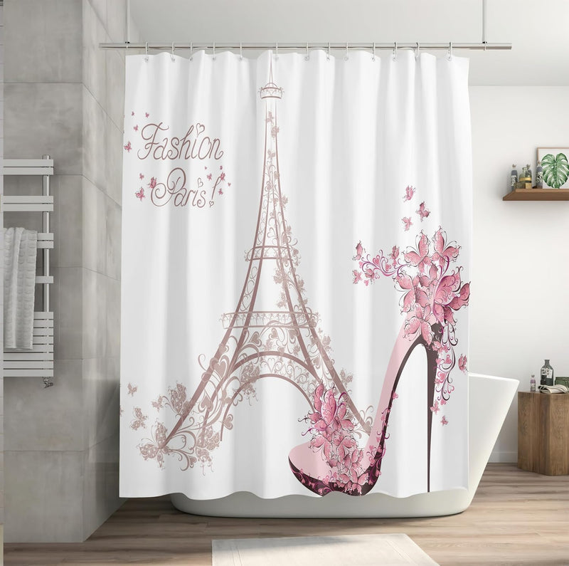 4PCS Paris Eiffel Tower Decor Bathroom Mat Rug Set Shower Curtain Set, High Heeled Shoes and Pink Flower in Paris Pattern Girl Woman Bath Mat + Contour Mat+Toilet Cover+Shower Curtain